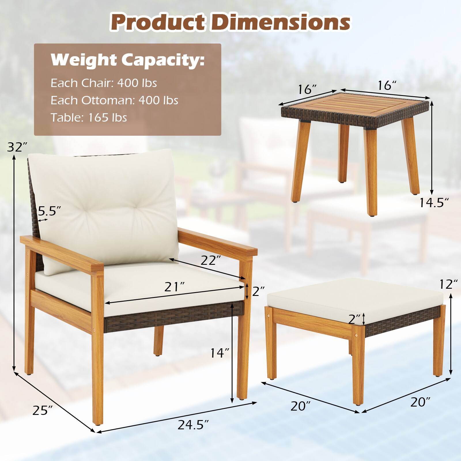 Product Dimensions:
- Weight Capacity: Each Chair: 400 lbs
- Each Ottoman: 400 lbs
- Table: 165 lbs
- 16" 16" 32" 5.5" 14.5" 22" 21" 2" 12" 2"t 14" 25" 24.5" 20" 20"