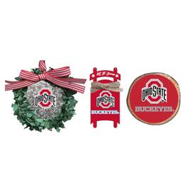 The Memory Company - Ohio State Buckeyes Three-Pack Wreath, Sled & Circle Ornament Set - Multicolor