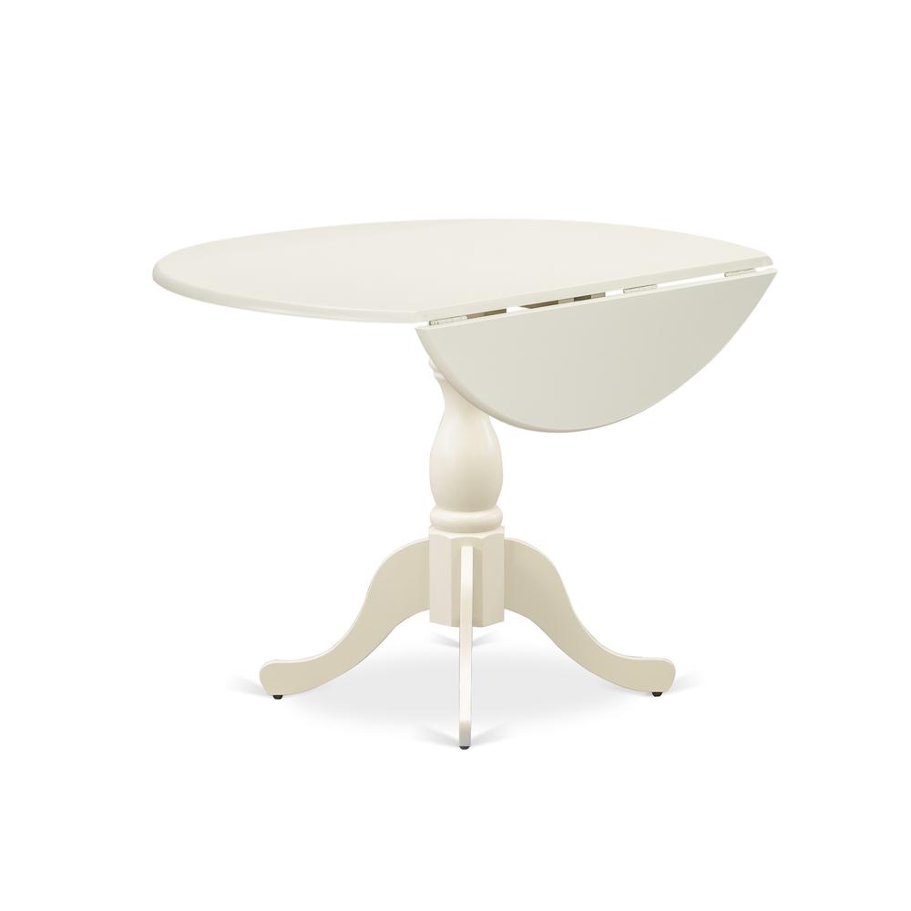 Alt View 3. East West Furniture - Round Wood Table Linen White Color Drops Leave Table Top Surface and Asian Wood Dining Table Pedestal Legs - White.