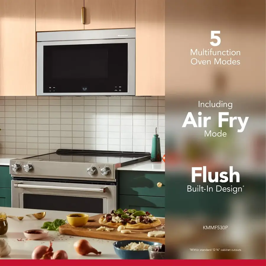 The text on the image reads: "5 Multifunction Oven Modes including Air Fry Mode. Flush Built-In Design. KMMF530P. Within standard 12" cabinet cutouts."