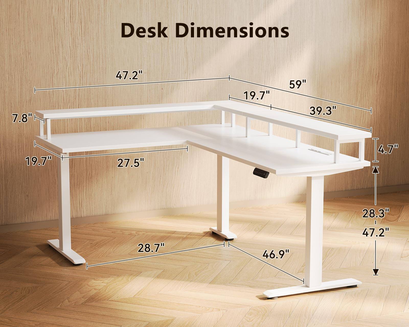 Desk Dimensions: 7.8" x 47.2" x 19.7" x 59" x 39.3" x 19.7" x 27.5" x 4.7" x 28.7" x 46.9" x 28.3" x 47.2"