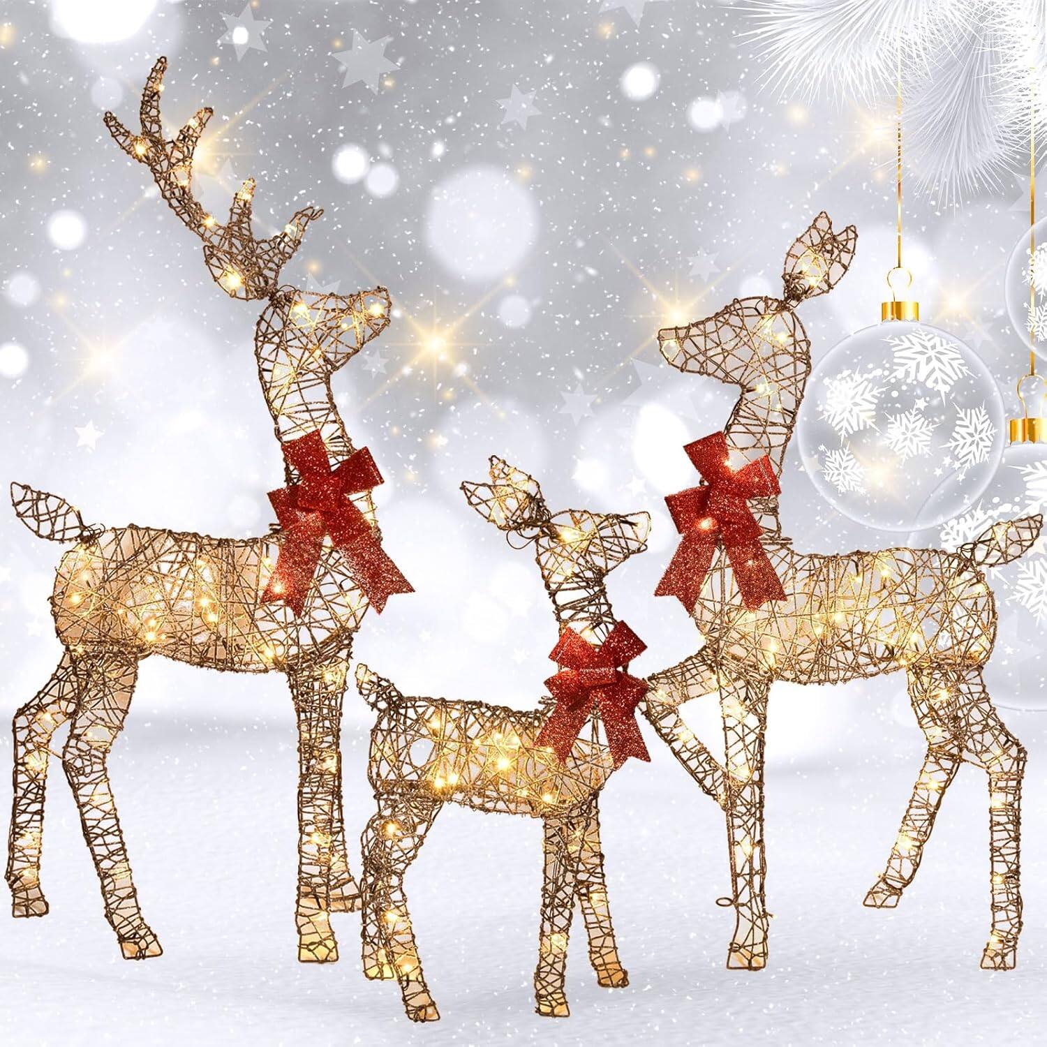 Alt View 7. Wikistore - WIKISTORE 4ft Christmas Decorations Outdoor Lighted Reindeer 3-Piece 2D Family Set 145 LED Rattan.