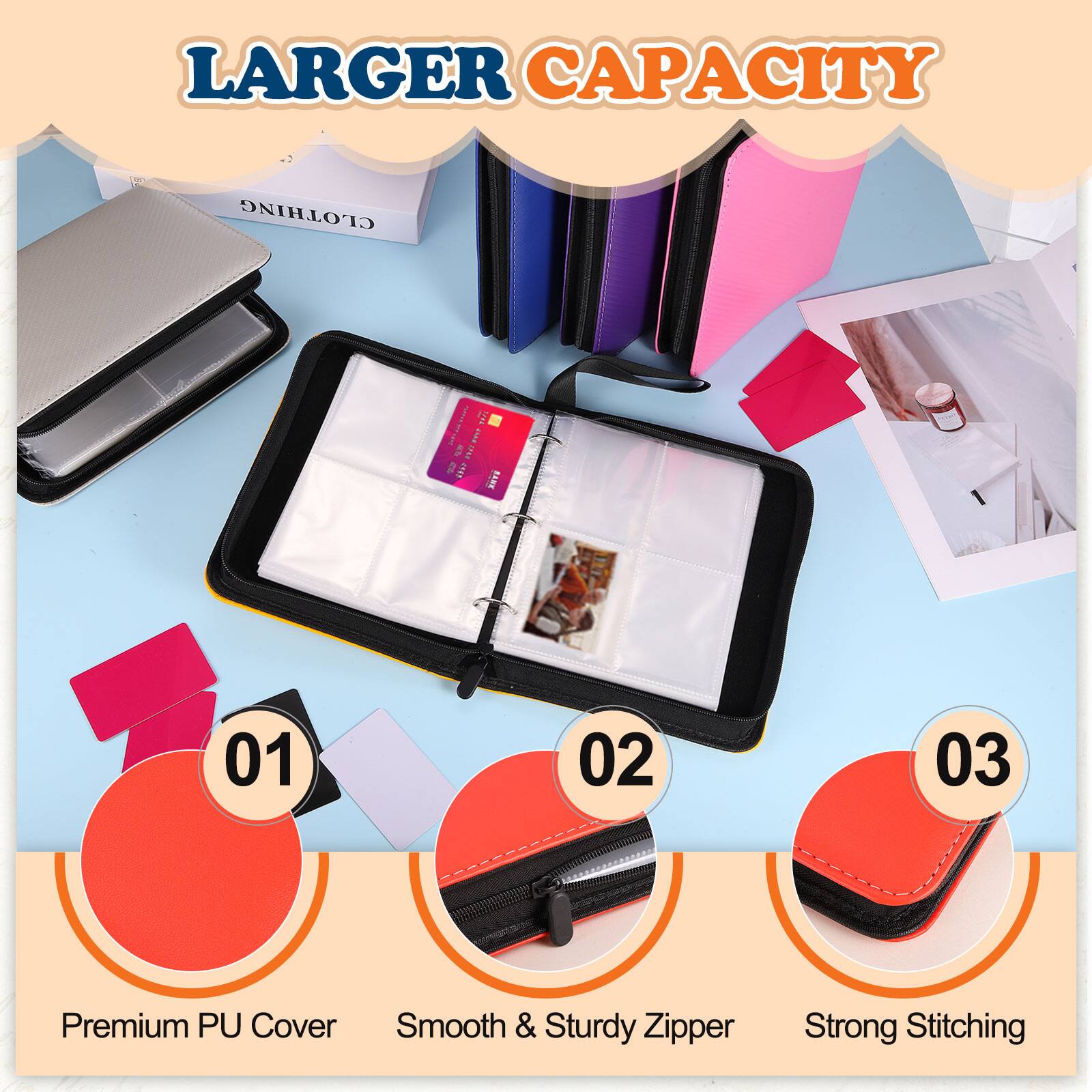 LARGER CAPACITY

1. Premium PU Cover
2. Smooth & Sturdy Zipper
3. Strong Stitching