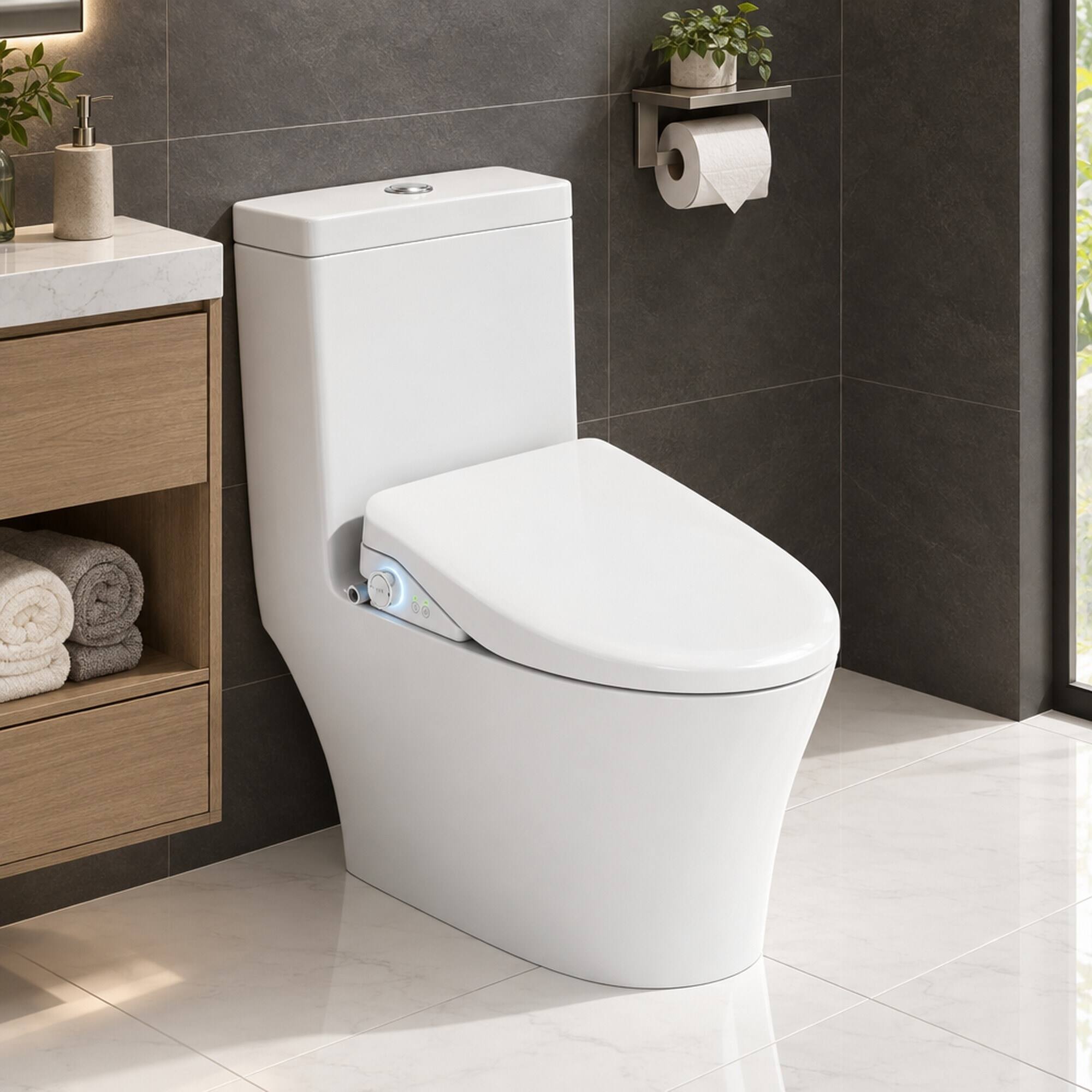 Back. RYHNUYNE - Smart Bidet Toilet Seat, Side Knob Heated Seat Water Temperature and Pressure Adjustment Automatic Nozzle Cleaning - White.