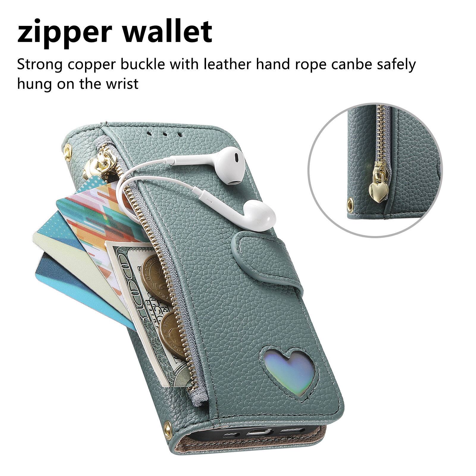 zipper wallet  
Strong copper buckle with leather hand rope can be safely hung on the wrist