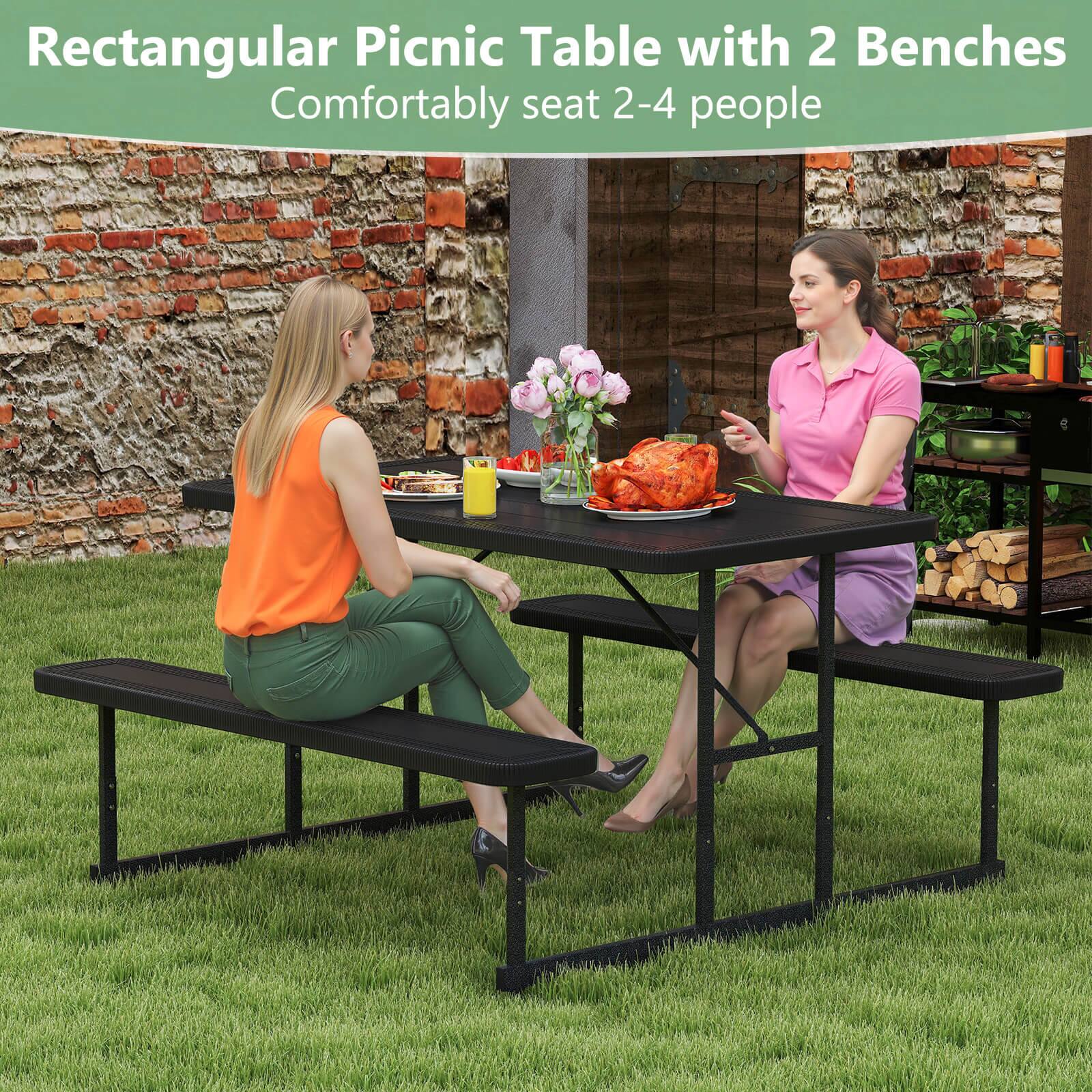 Rectangular Picnic Table with 2 Benches Comfortably seats 2-4 people.