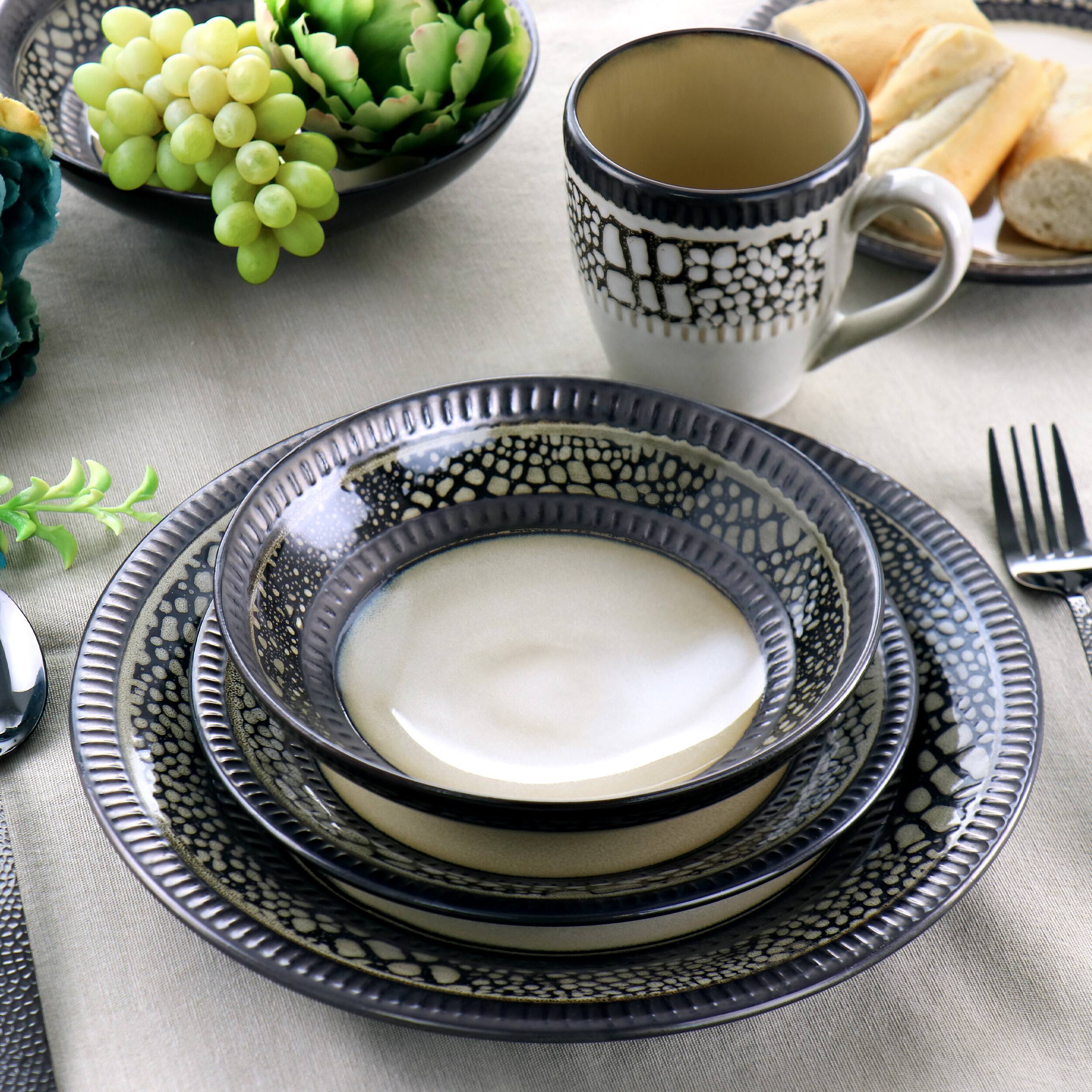 Alt View 8. Elama - Elama Desert Sand 16 Piece Stoneware Dinnerware Set - Sand and Black.