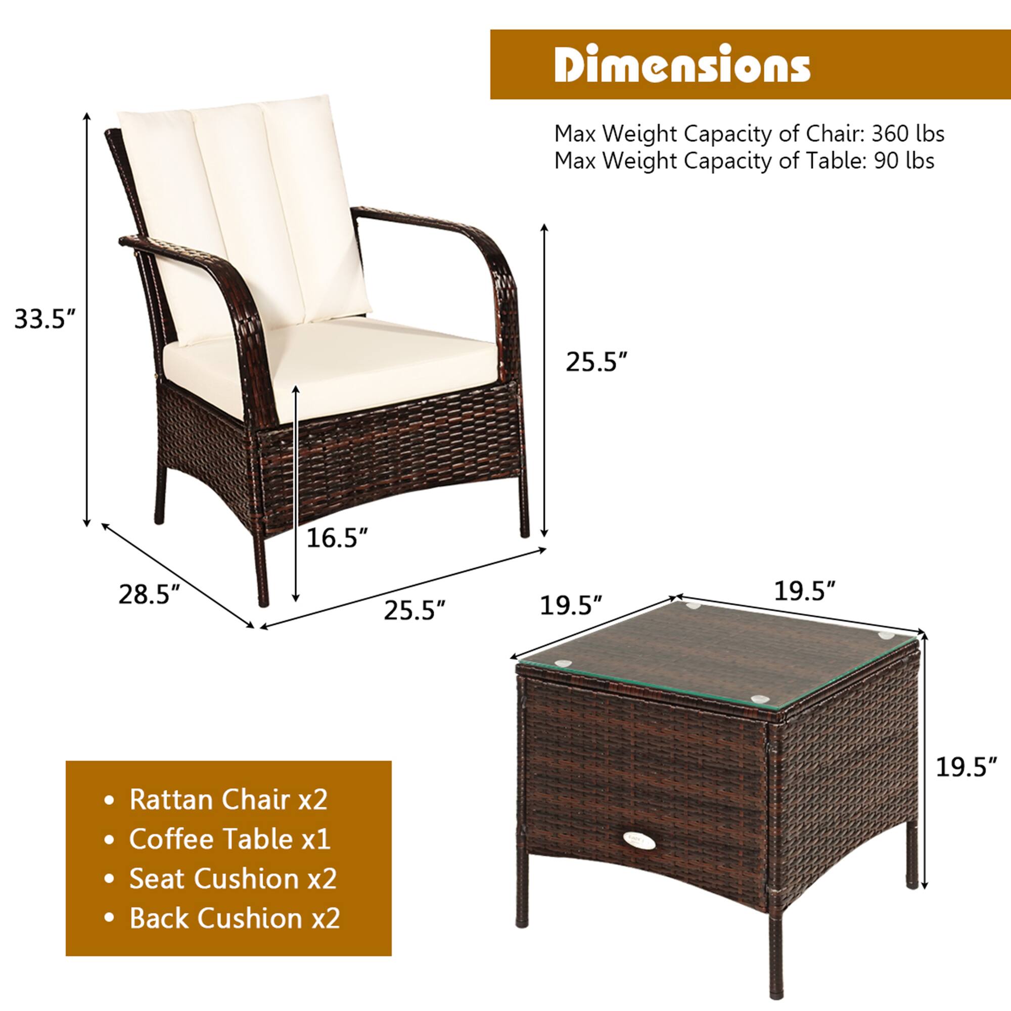 Dimensions

Max Weight Capacity of Chair: 360 lbs  
Max Weight Capacity of Table: 90 lbs  

- Rattan Chair x2  
- Coffee Table x1  
- Seat Cushion x2  
- Back Cushion x2  

33.5"  
25.5"  
16.5"  
28.5"  
25.5"  
19.5"  
19.5"