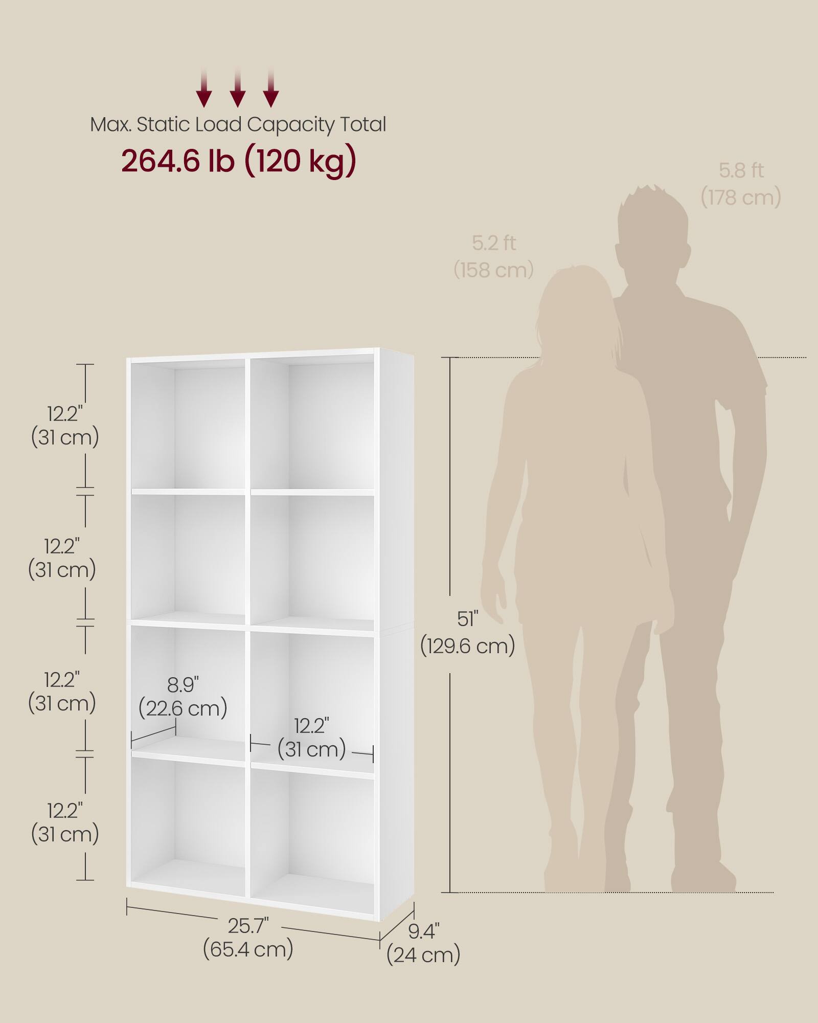 Max. Static Load Capacity Total  
264.6 lb (120 kg)  

5.8 ft (178 cm)  
5.2 ft (158 cm)  

12.2" (31 cm)  
12.2" (31 cm)  
12.2" (31 cm)  
8.9" (22.6 cm)  
12.2" (31 cm)  
51" (129.6 cm)  
12.2" (31 cm)  

25.7" (65.4 cm)  
9.4" (24 cm)