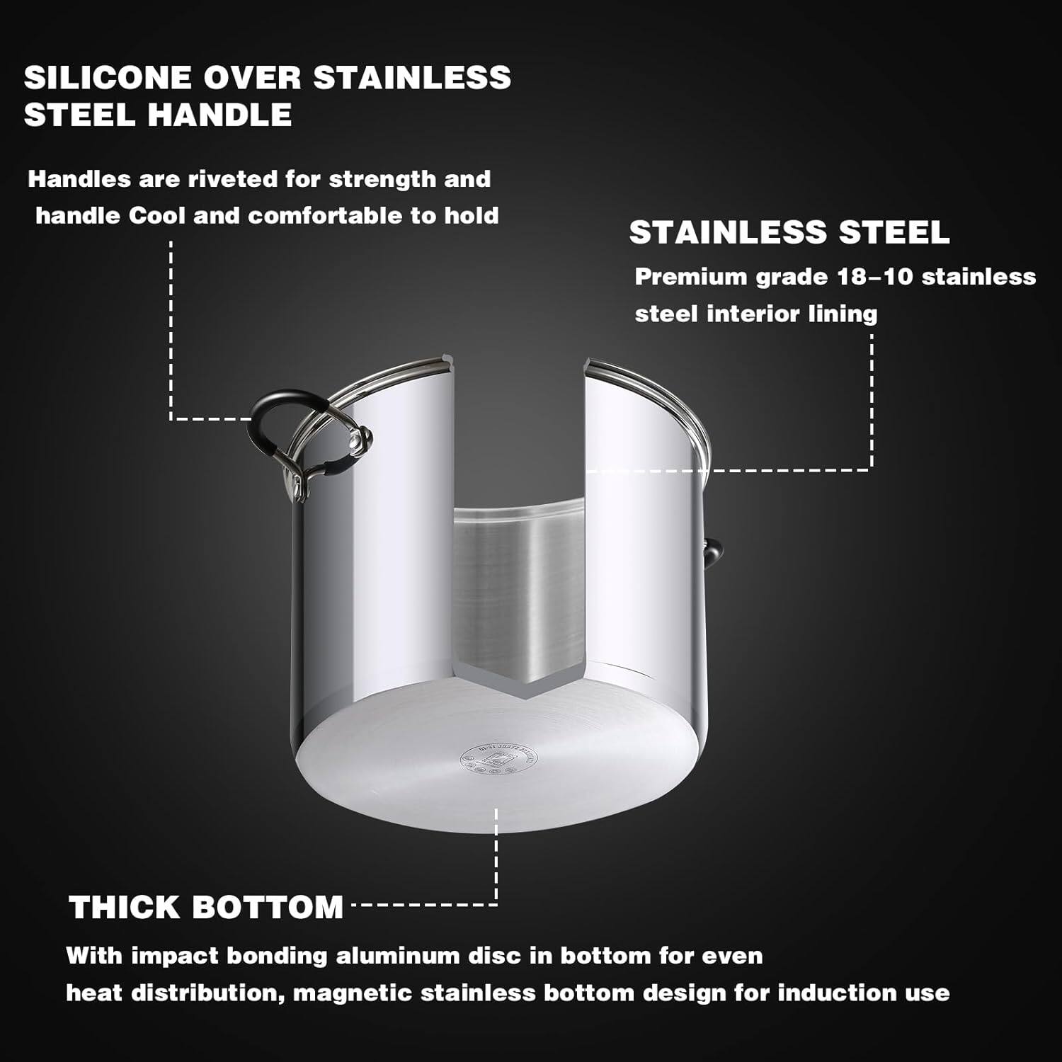 SILICONE OVER STAINLESS STEEL HANDLE  
Handles are riveted for strength and handle Cool and comfortable to hold  

STAINLESS STEEL  
Premium grade 18-10 stainless steel interior lining  

THICK BOTTOM  
With impact bonding aluminum disc in bottom for even heat distribution, magnetic stainless bottom design for induction use