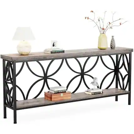 Front. Hivvago - Modern 70-inch Long Narrow Foyer Entryway Table with Grey Wood Top and Shelf - Grey.