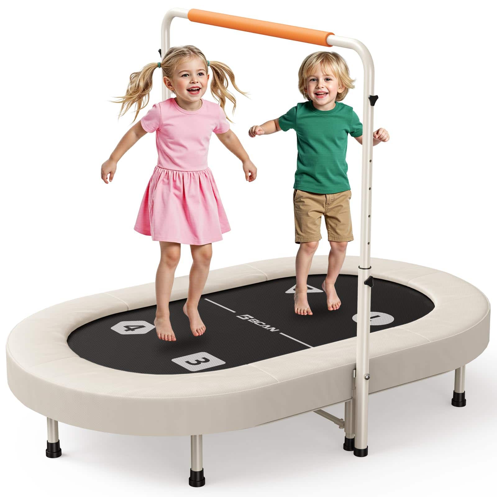 FED Fitness - 56''2-Person Kids Trampoline, Safe-Elastic Band Foldable Frame Trampoline for Kids 1-8, ASTM Certified-Toddler - Beige