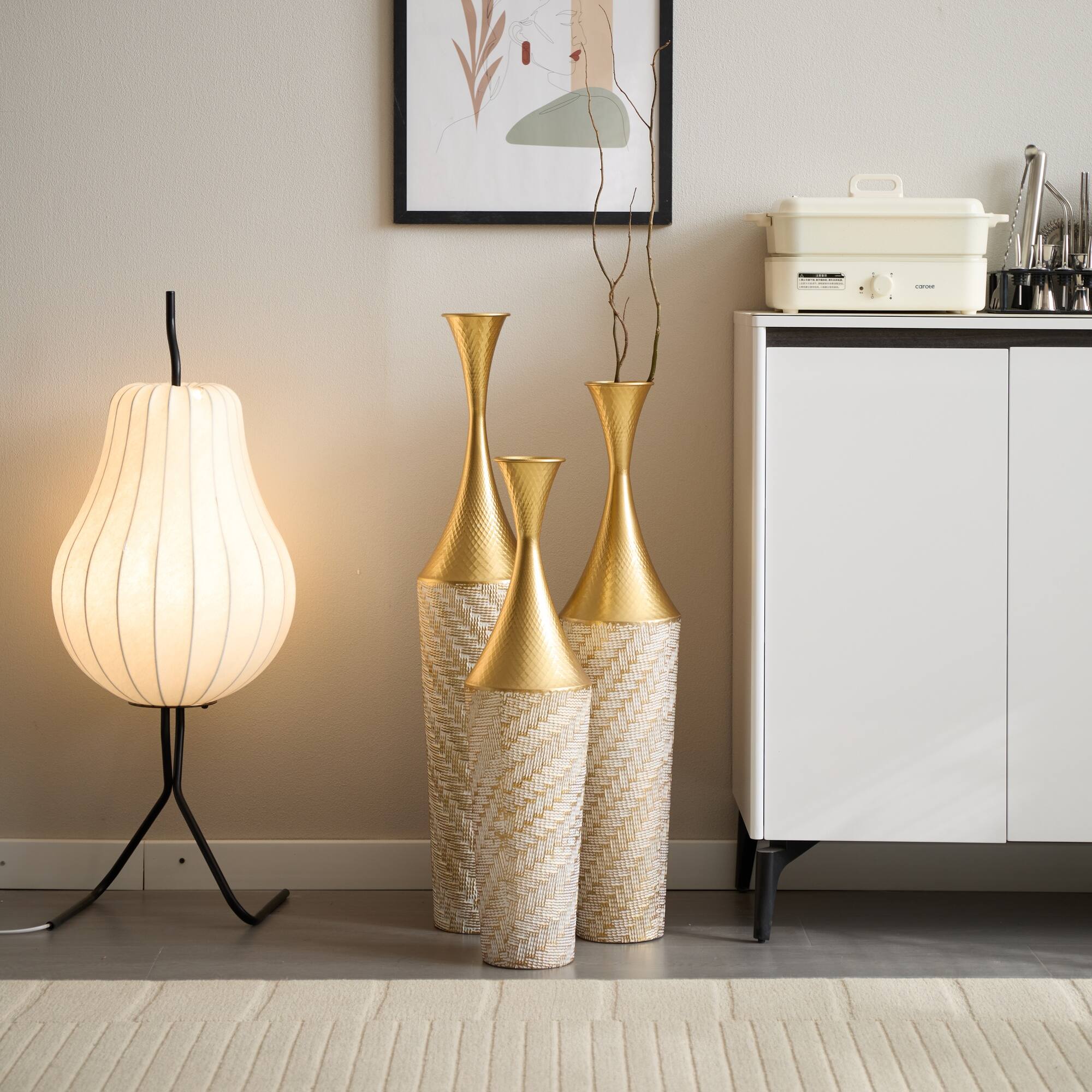 Alt View 2. Boyel Living - Set of 3 Tall Metal Floor Vases with Woven Texture Pattern - Champagne.