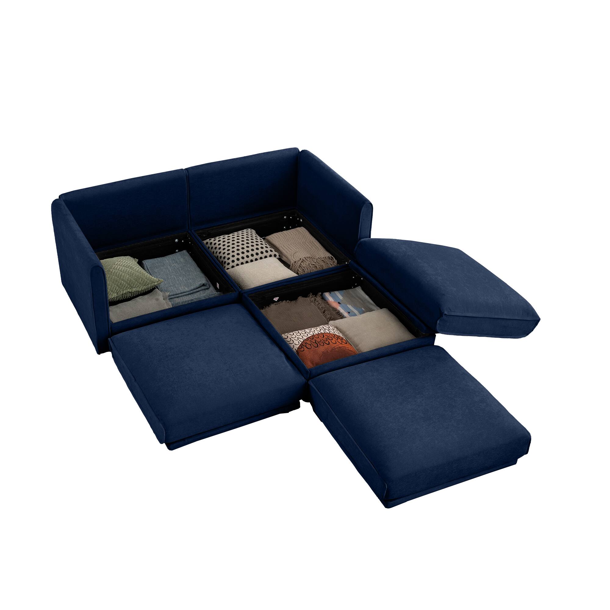 Left. Anysun - Chenille 2-Seater Loveseat with Ottoman Storage - Cylindrical Backrest & Armrests, Modern Hidden Storage Design - Blue.