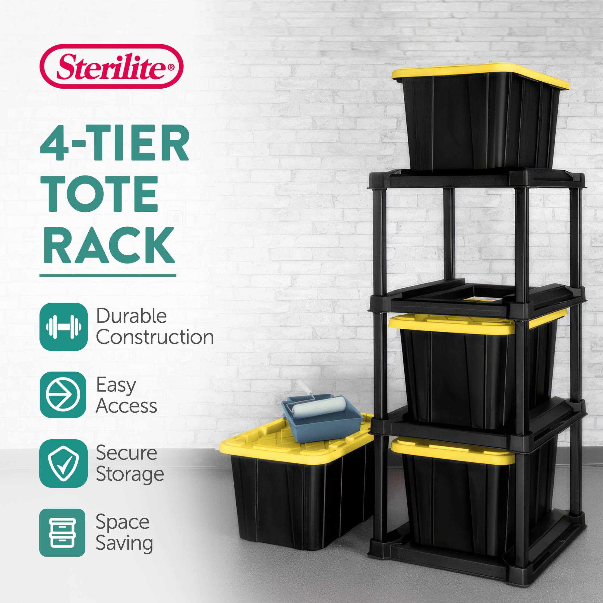 Sterilite 4-TIER TOTE RACK  
Durable Construction  
Easy Access  
Secure Storage  
Space Saving