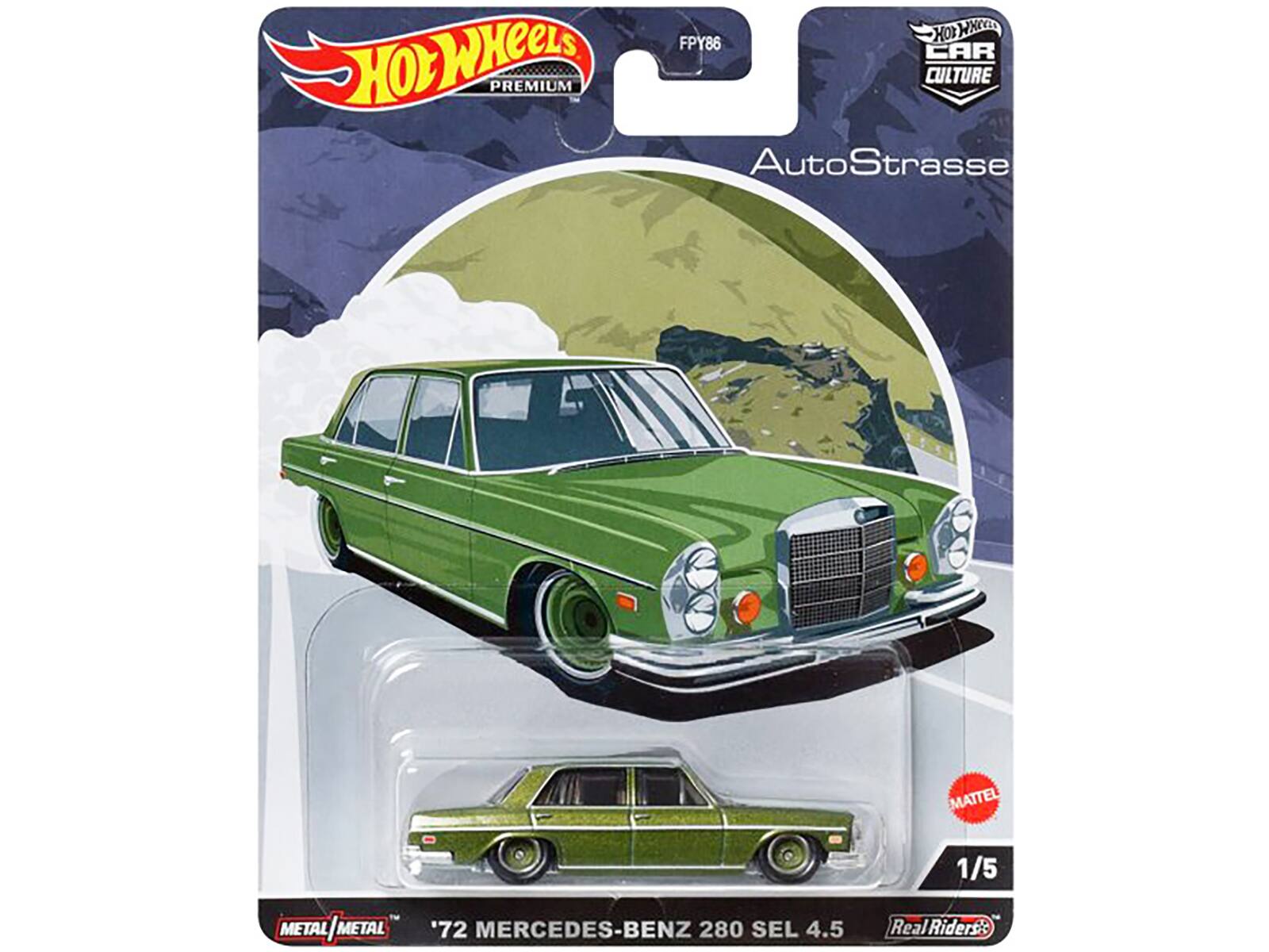 Hot Wheels Premium  
Hot Wheels Car Culture  
AutoStrasse  
MATTEL  
1/5 METAL | METAL  
'72 MERCEDES-BENZ 280 SEL 4.5  
Real Riders