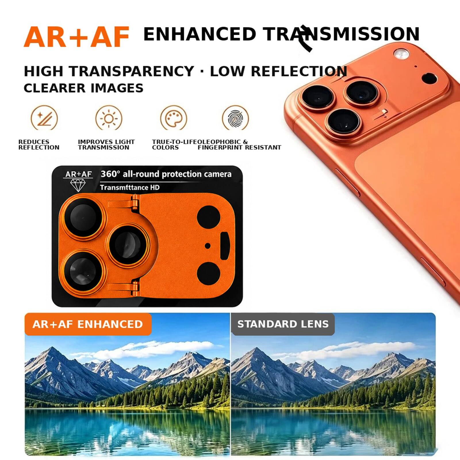 AR+AF ENHANCED TRANSMISSION  
HIGH TRANSPARENCY · LOW REFLECTION  
CLEARER IMAGES  

REDUCES REFLECTION  
IMPROVES LIGHT TRANSMISSION  
TRUE-TO-LIFE COLORS  
OLEOPHOBIC & FINGERPRINT RESISTANT  

AR+AF 360° all-round protection camera  
Transmittance HD  

AR+AF ENHANCED  
STANDARD LENS