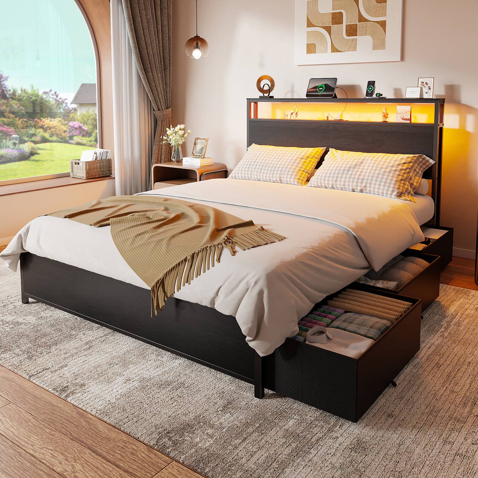 Alt View 1. Furnulem - Bed Frame with 6 Drawers and Open Storage Headboard Adjustable LED Light and Charging Station No Box Spring Needed - Black.