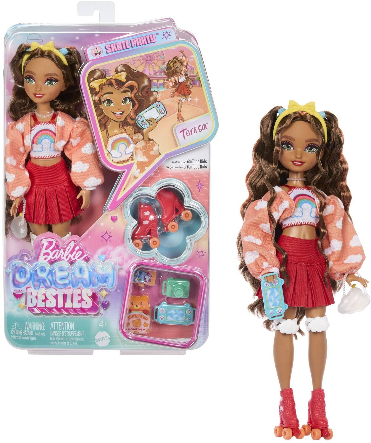 Sure, here is the corrected and grouped text from the image:

---

**Barbie Dream Besties**

**Teresa**

**Skate Party**

**YouTube Kids**

**YouTube Kids**

**WARNING: ATTENTION:**

**4+**

**CHOKING HAZARD - Small parts. Not for children under 3 years.**

**DANGER D'ÉTOUFFEMENT - Petits morceaux. Ne convient pas aux enfants de moins de 3 ans.**

**MATTEL**

---

**Watch on YouTube Kids**

**Regardez sur YouTube Kids**

---

**4+**

**cookies**

---

**Teresa**

**Skate Party**

**YouTube Kids**

**YouTube Kids**

**Barbie Dream Besties**

**4+**

**WARNING: ATTENTION:**

**CHOKING HAZARD - Small parts. Not for children under 3 years.**

**DANGER D'ÉTOUFFEMENT - Petits morceaux. Ne convient pas aux enfants de moins de 3 ans.**

**MATTEL**

---

**cookies**

---