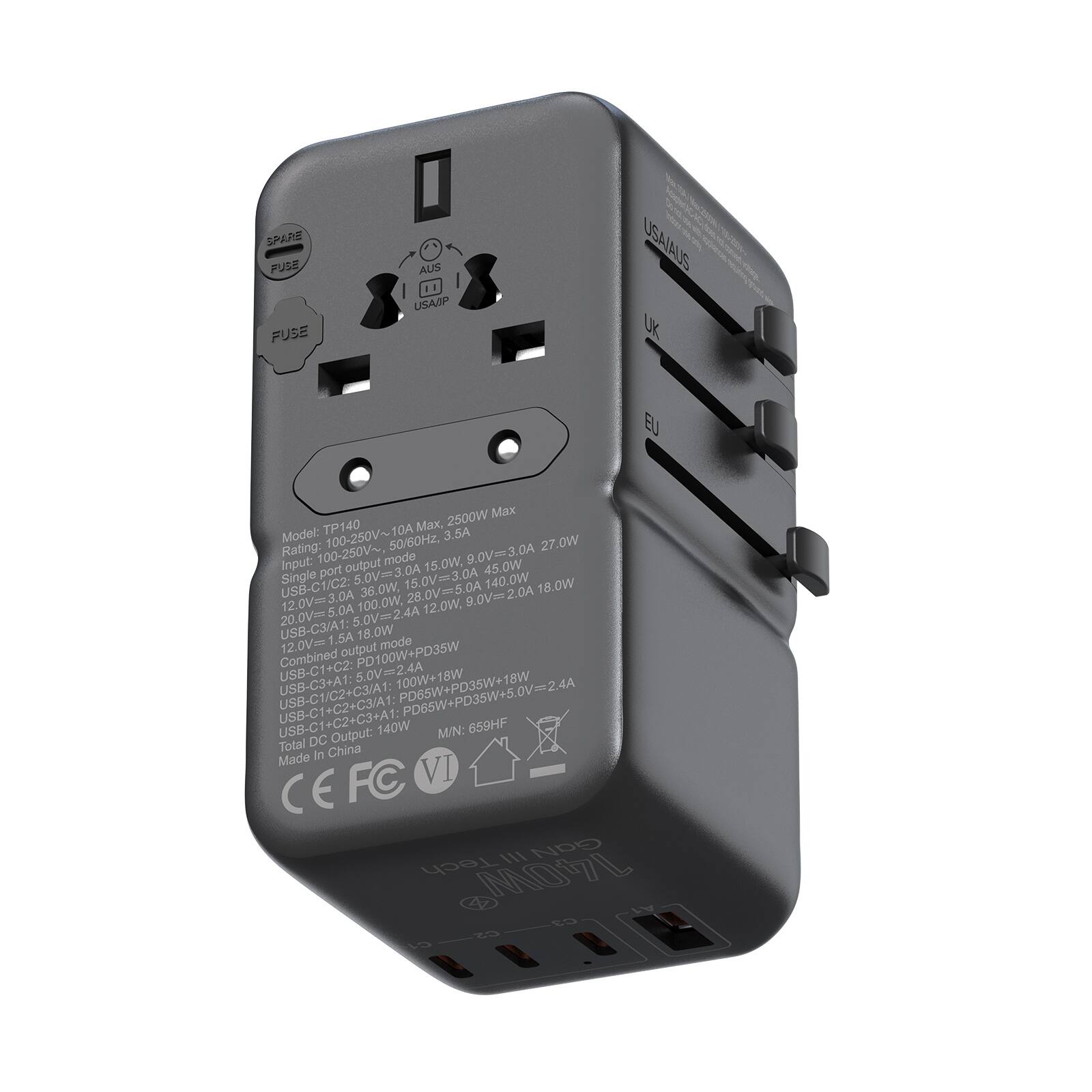 The text on the image reads: "Spare use fuse AUS/USA/AUS/UK/EU 2500W Max TP140 Mx, Model: 100-250V~10A 50/80Hz, 3.5A Rating: 27.0W Input: 100-250V~. mode 15.0W. 9.0V=3.0A port output 5.0V=3.0A 45.0W Single 15.0V=3.0A 140.0W 18.0W USB-C1/C2: 36.0W. 28.0V=5.0A 9.0V=2.0A 2.0A 12.0V=3.0A 100.0W. 12.0W. 20.0V=5.0A 5.0Vm24A USB-C3/A1: 1.5A 18.0W 12.0V outputmode PD100W+PD35W Combined USB-C1+CZ: 5.0V=2.4A 100W+18W USB-C1/C2+C3/A1: USB-C3+A1: PD65W+PD35W+18W USB-C1+C2+C3/A1: 659HF Output: 140W M/N: Total DC in China Made FC VI CE IlI GGN Toch 14OV Ea Ea."