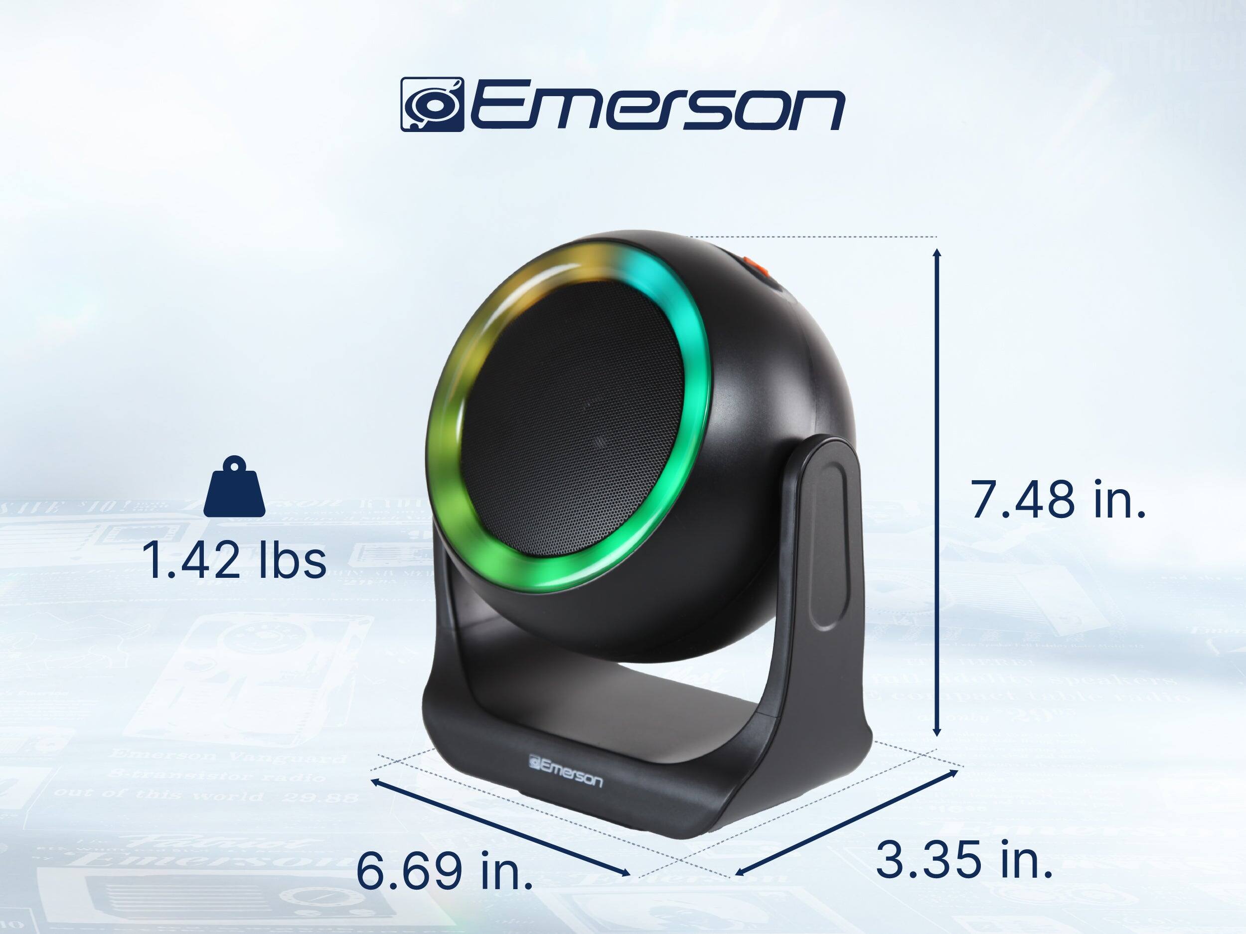 Emerson 1.42 lbs 7.48 in.  
Vangunea Pe OUE of h world 29.88 @Emerson  
1 iierson in. 6.69 3.35 in. 10