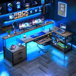 AODK - L-Shaped Reversible Computer Desk with LED Lights, File Drawer, Power Outlets, Storage Shelves & Keyboard Tray - Gray