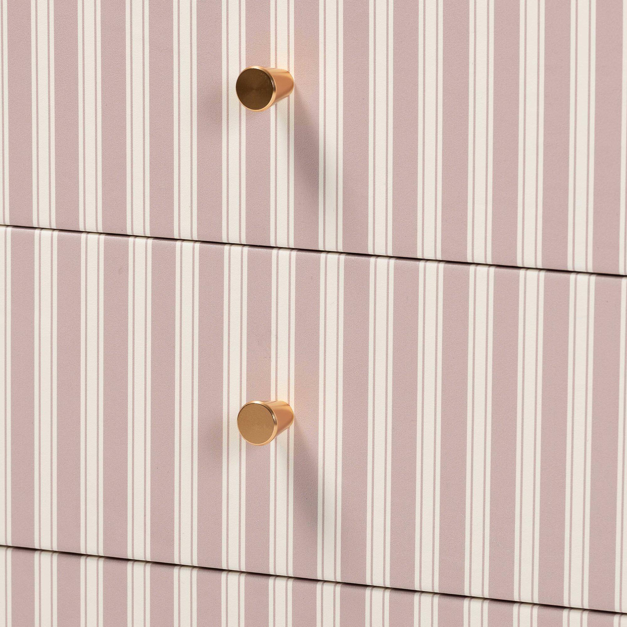 Alt View 2. Baxton Studio - Javianne End Table with Striped Faux Leather - 3-Drawer Storage Cabinet with Gold Knobs - White/Beige/Brass.