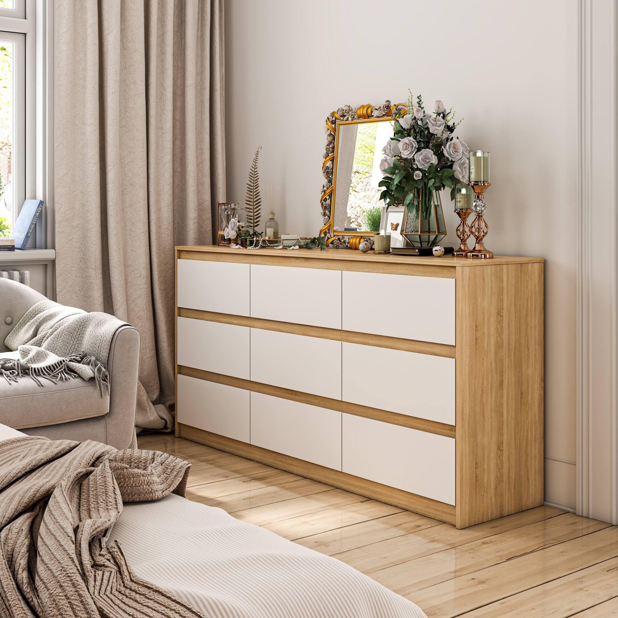 Alt View 2. Famapy - Famapy 9 - Drawer Dresser: Elevate Bedroom Storage with Timeless Design - White & Wooden.