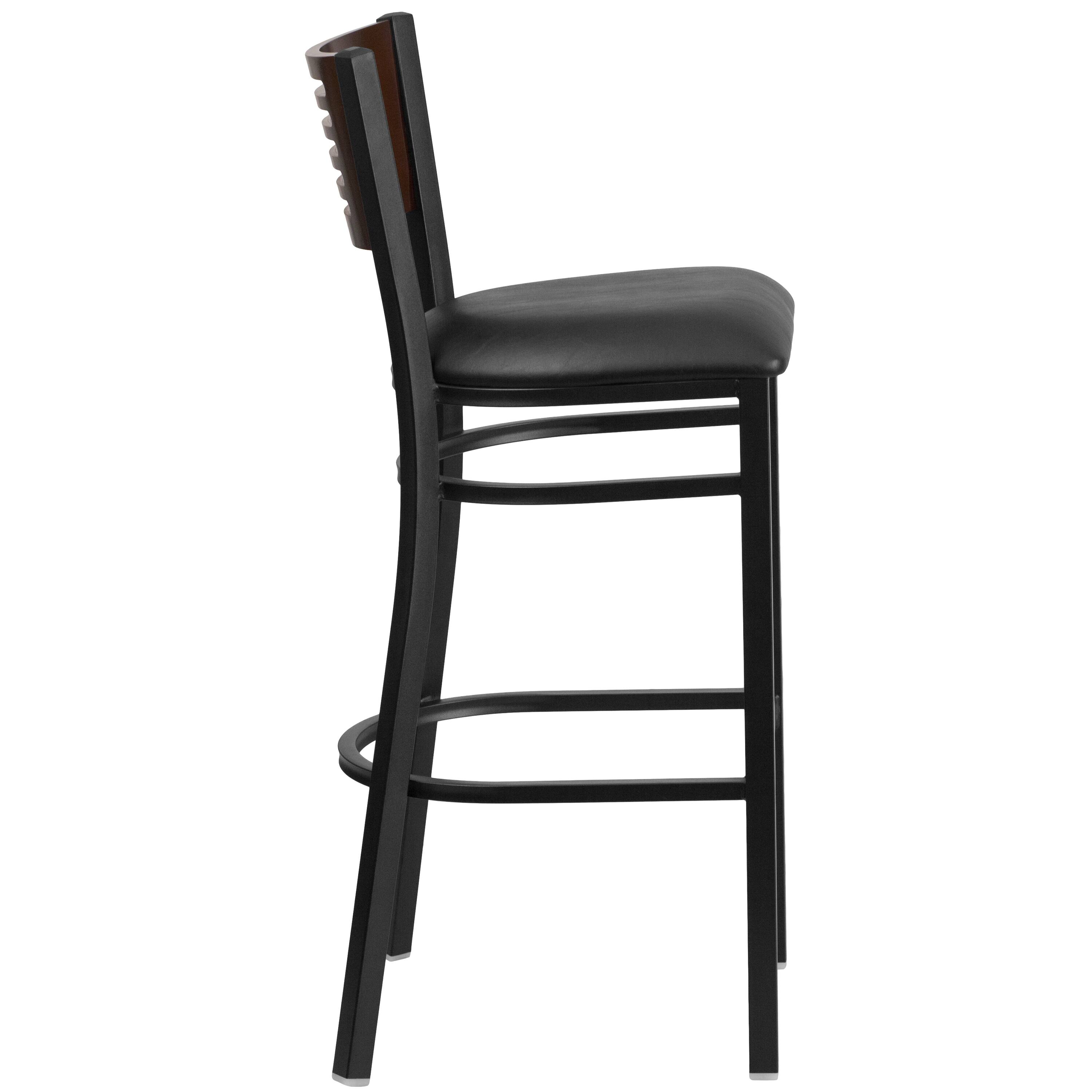 Alt View 6. Emma + Oliver - Decorative Slat Back Metal Restaurant Dining Barstool - Walnut Wood Back/Black Vinyl Seat/Black Metal.