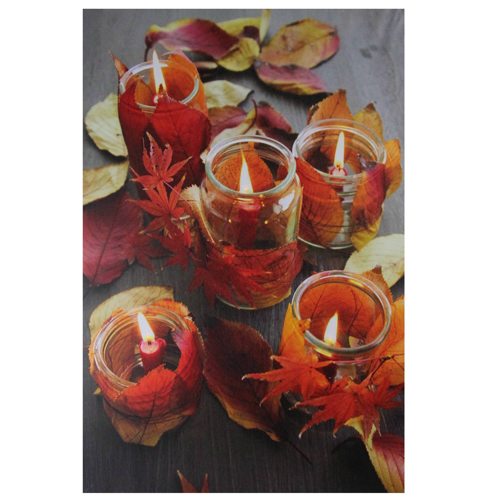 Northlight - LED Lighted Leaf and Candle Flickering Fall Harvest Canvas Wall Art - 23.5" x 15.75" - Red