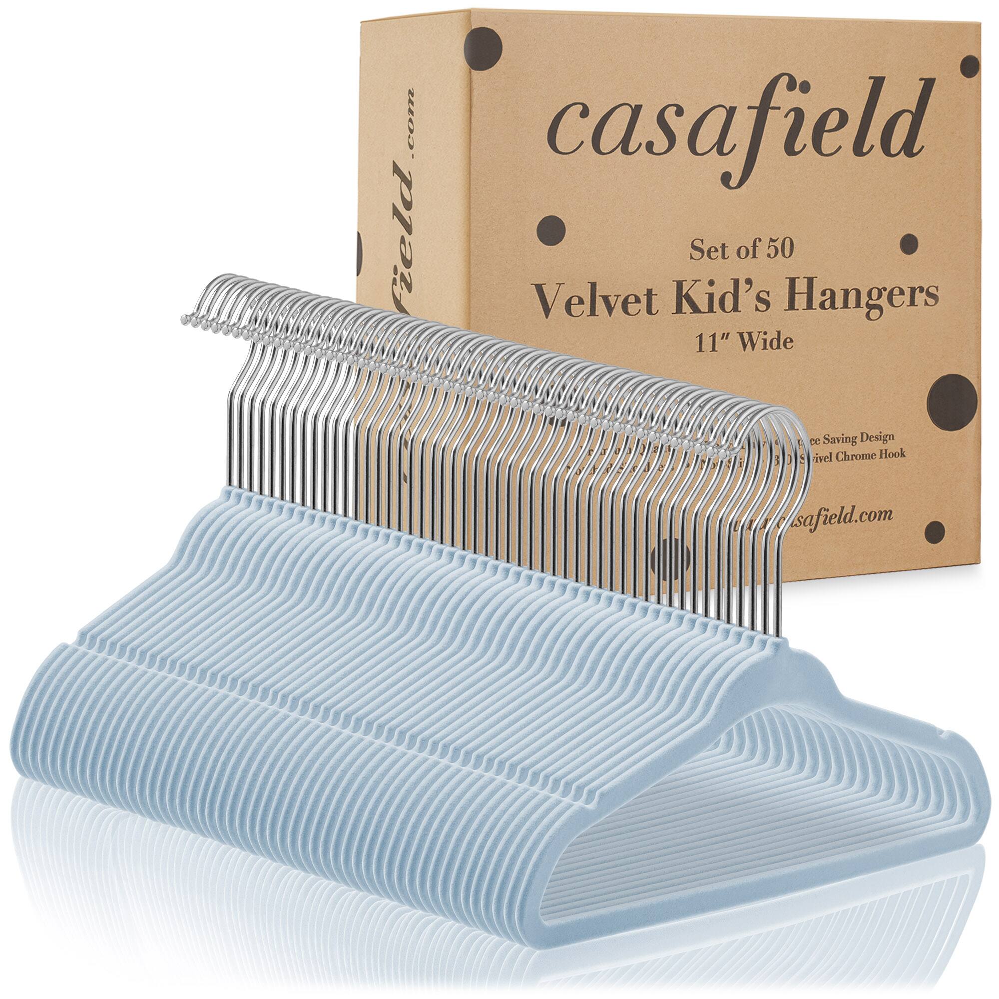 casafield  
Set of 50 Velvet Kid's Hangers 11" Wide  
eco Saving Design  
Twist Chrome Hook  
casafield.com