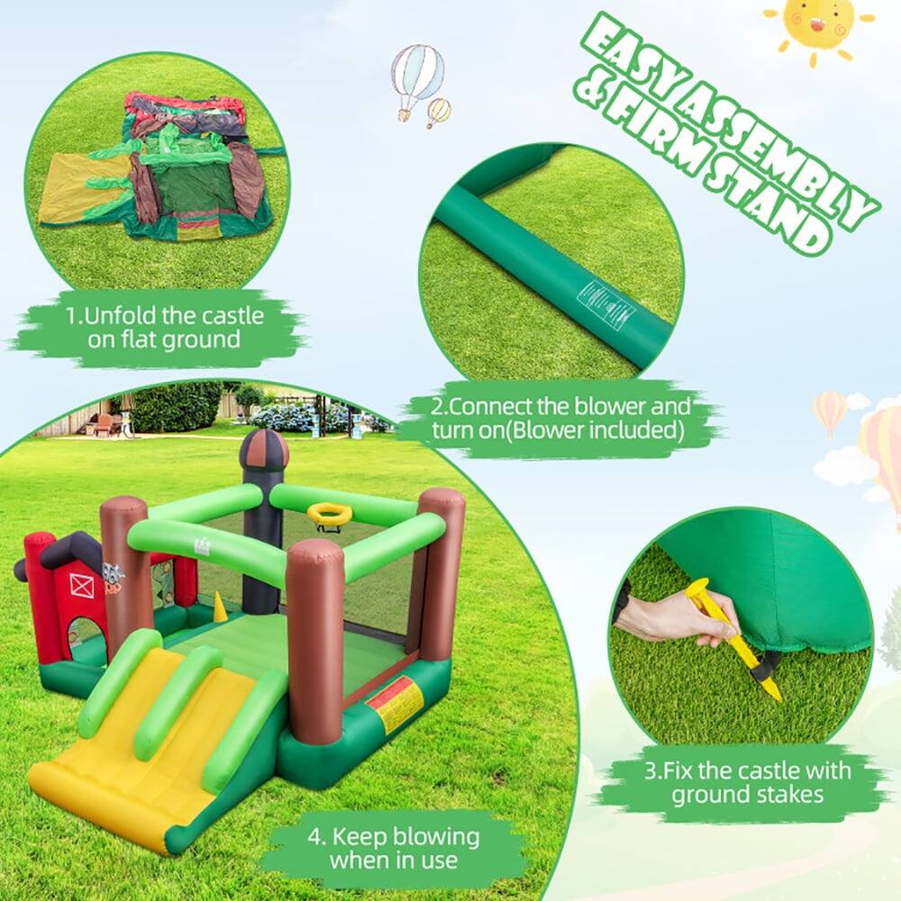 1. Unfold the castle on flat ground  
2. Connect the blower and turn on (Blower included)  
3. Fix the castle with ground stakes  
4. Keep blowing when in use