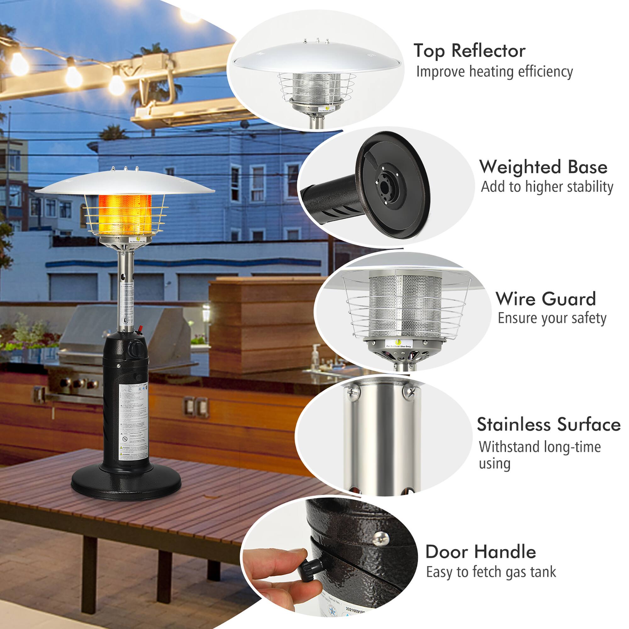 - Top Reflector: Improve heating efficiency
- Weighted Base: Add to higher stability
- Wire Guard: Ensure your safety
- Stainless Surface: Withstand long-time using
- Door Handle: Easy to fetch gas tank