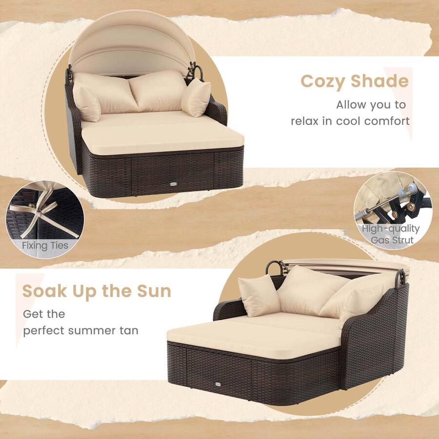 Pe Rattan Gymax Outdoor PE Rattan Daybed w/ Retractable Canopy Soft Cushions ...