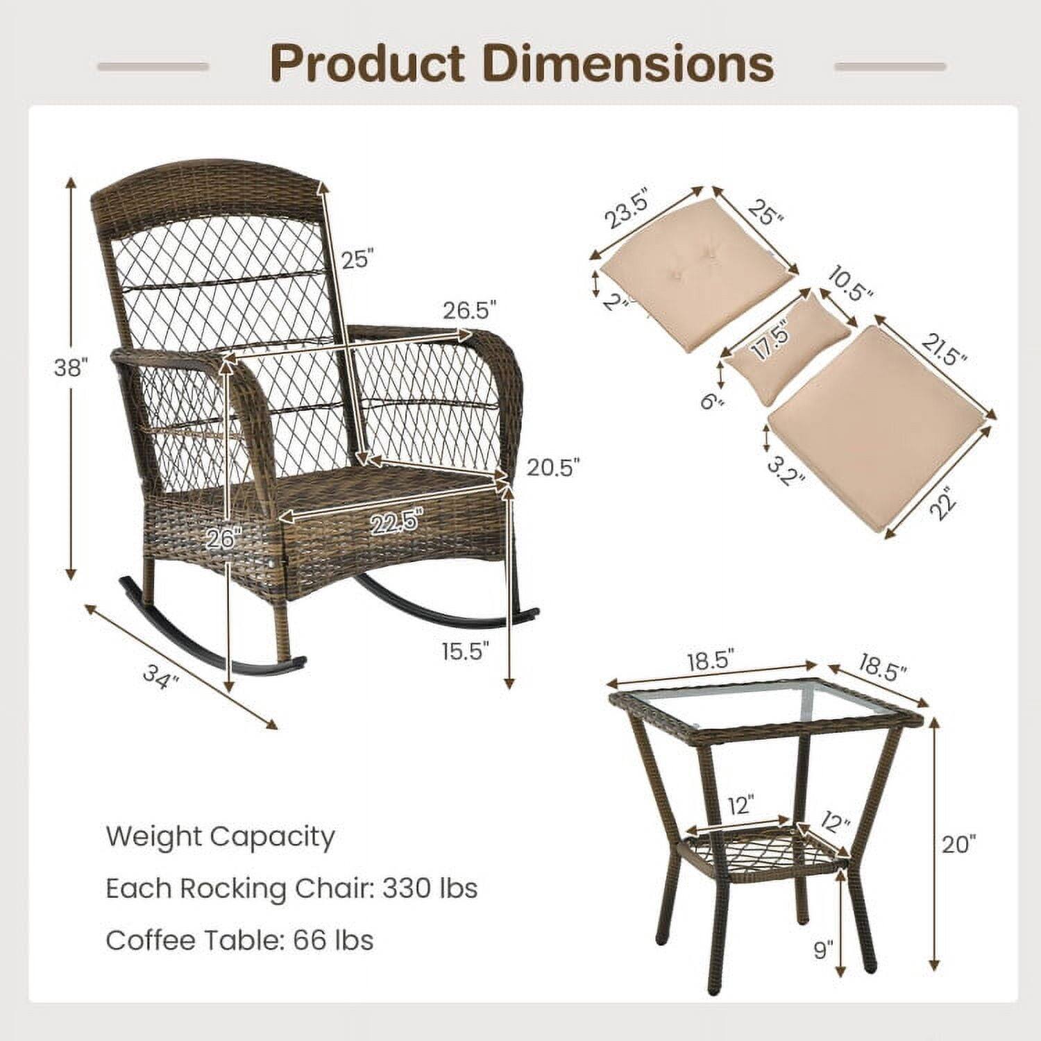 Product Dimensions  
38" x 26" x 23.5"  
25" x 26.5" x 2"  
20.5" x 22.5" x 25"  
10.5" x 17.5" x .9"  
3.2" x 21.5" x 22"  
34" x 15.5" x 18.5" x 18.5"  

Weight Capacity  
Each Rocking Chair: 330 lbs  
Coffee Table: 66 lbs  
12" x 12" x 9" x 20"