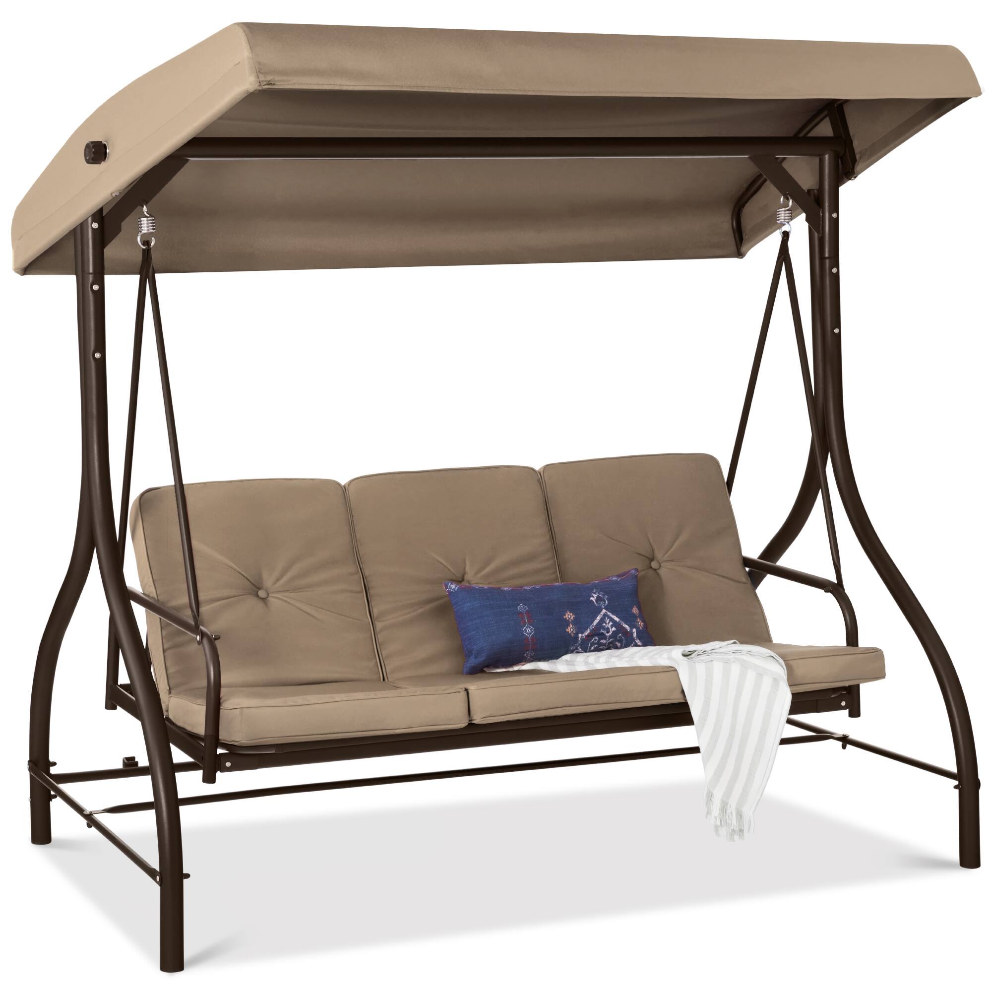Front. Best Choice Products - Best Choice Products 3-Seat Outdoor Converting Canopy Swing Glider Patio Hammock w/ Removable Cushions - Desert Taupe - Desert Taupe.