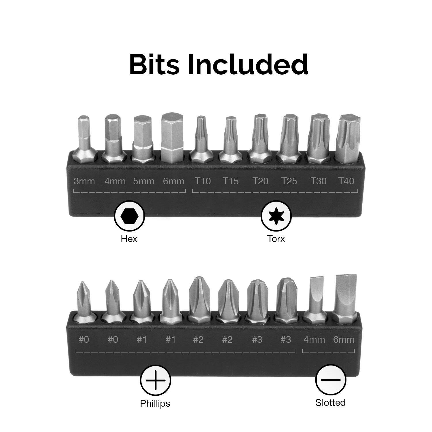 Bits Included

- Hex: 3mm, 4mm, 5mm, 6mm
- Torx: T10, T15, T20, T25, T30, T40
- Phillips: #0, #0, #1, #1, #2, #2, #3, #3
- Slotted: 4mm, 6mm