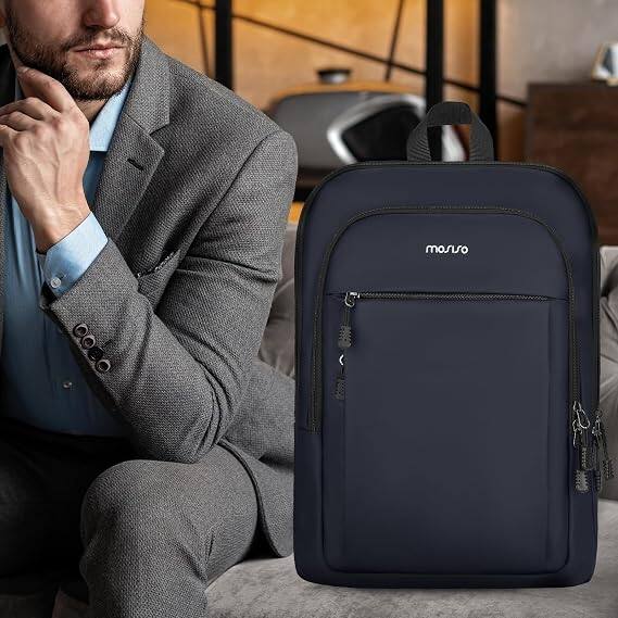 Alt View 2. mosiso - Laptop Backpack for Men, 15.6 inch Slim Lightweight Computer Bag, Waterproof Work & Travel Daypack with Luggage Strap - Navy Blue.