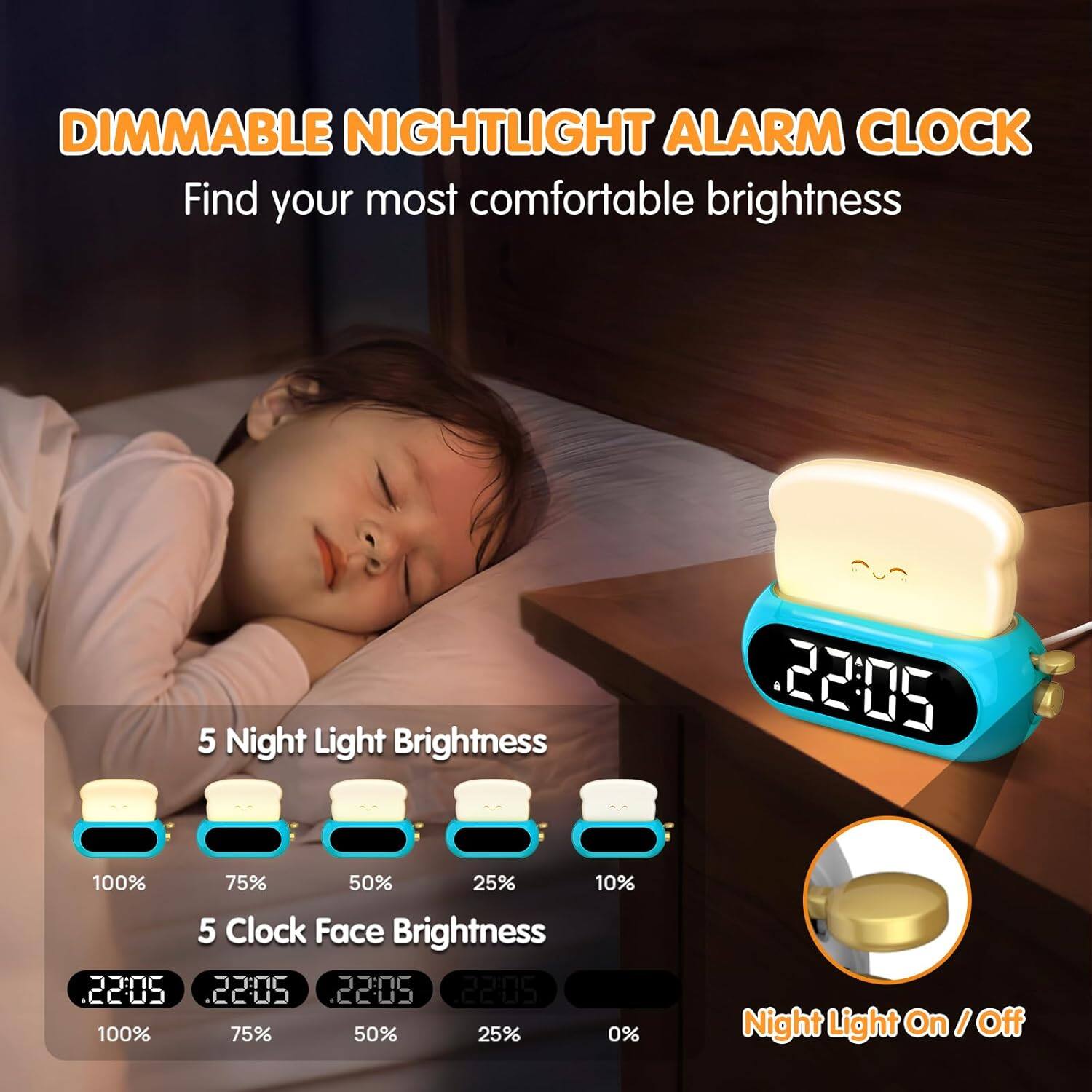 DIMMABLE NIGHTLIGHT ALARM CLOCK  
Find your most comfortable brightness  

5 Night Light Brightness  
100% 75% 50% 25% 10%  

5 Clock Face Brightness  
100% 75% 50% 25% 0%  

22:05  

Night Light On / Off