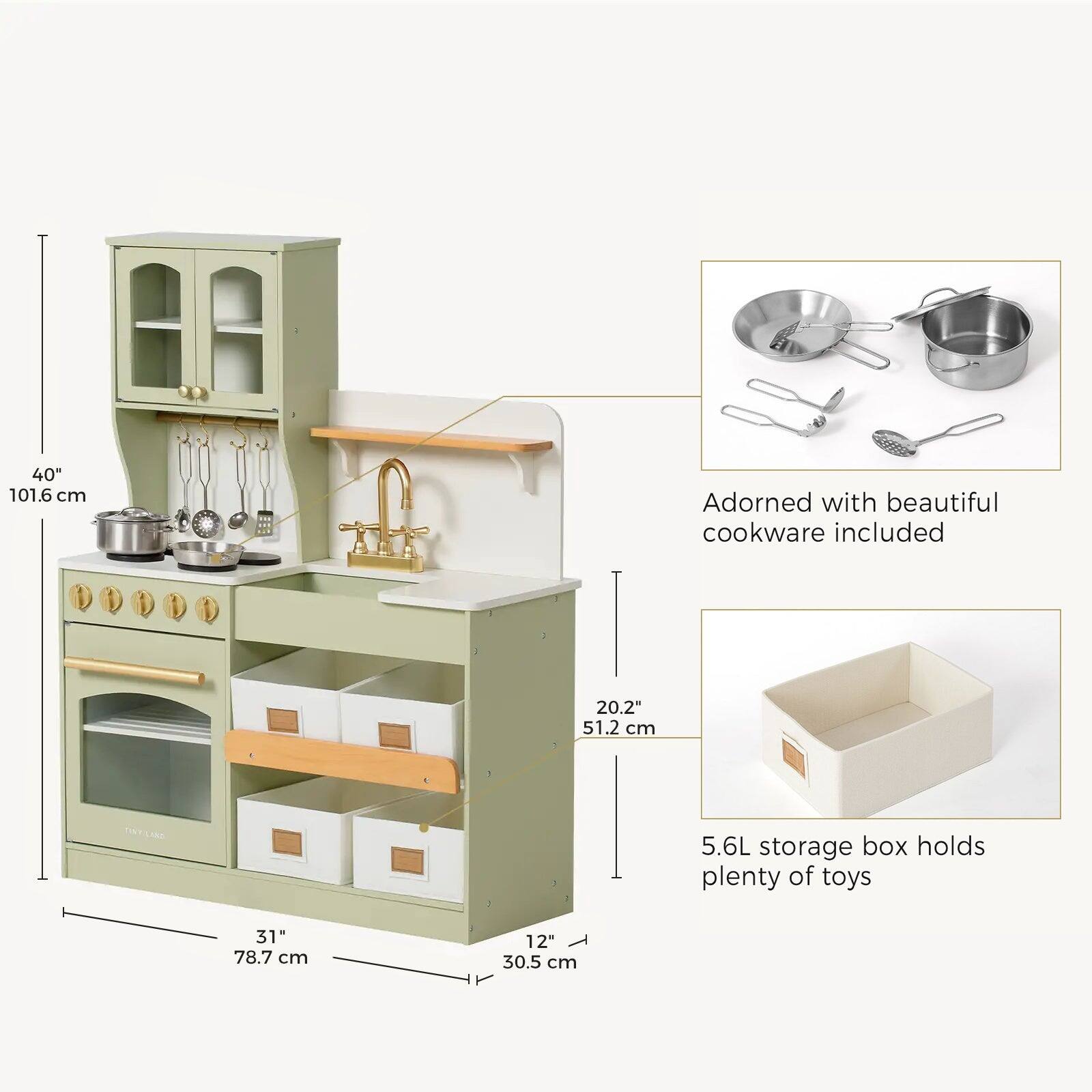 40" 101.6 cm  
Adorned with beautiful cookware included  
20.2" 51.2 cm  
5.6L storage box holds plenty of toys  
31" 78.7 cm  
12" 30.5 cm