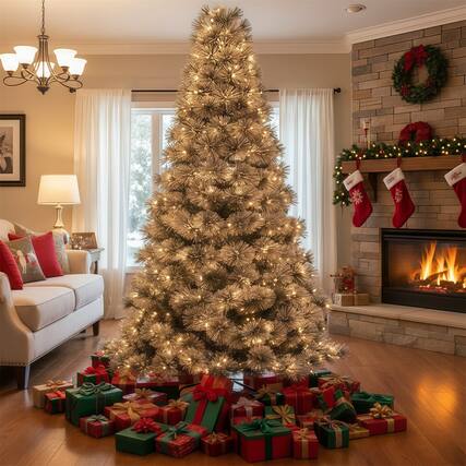 Front. Sweet - 9ft Snow Flocked Spruce Artificial Christmas Tree with 600 Incandescent Warm White Lights, Foldable Stand - White Flocking.