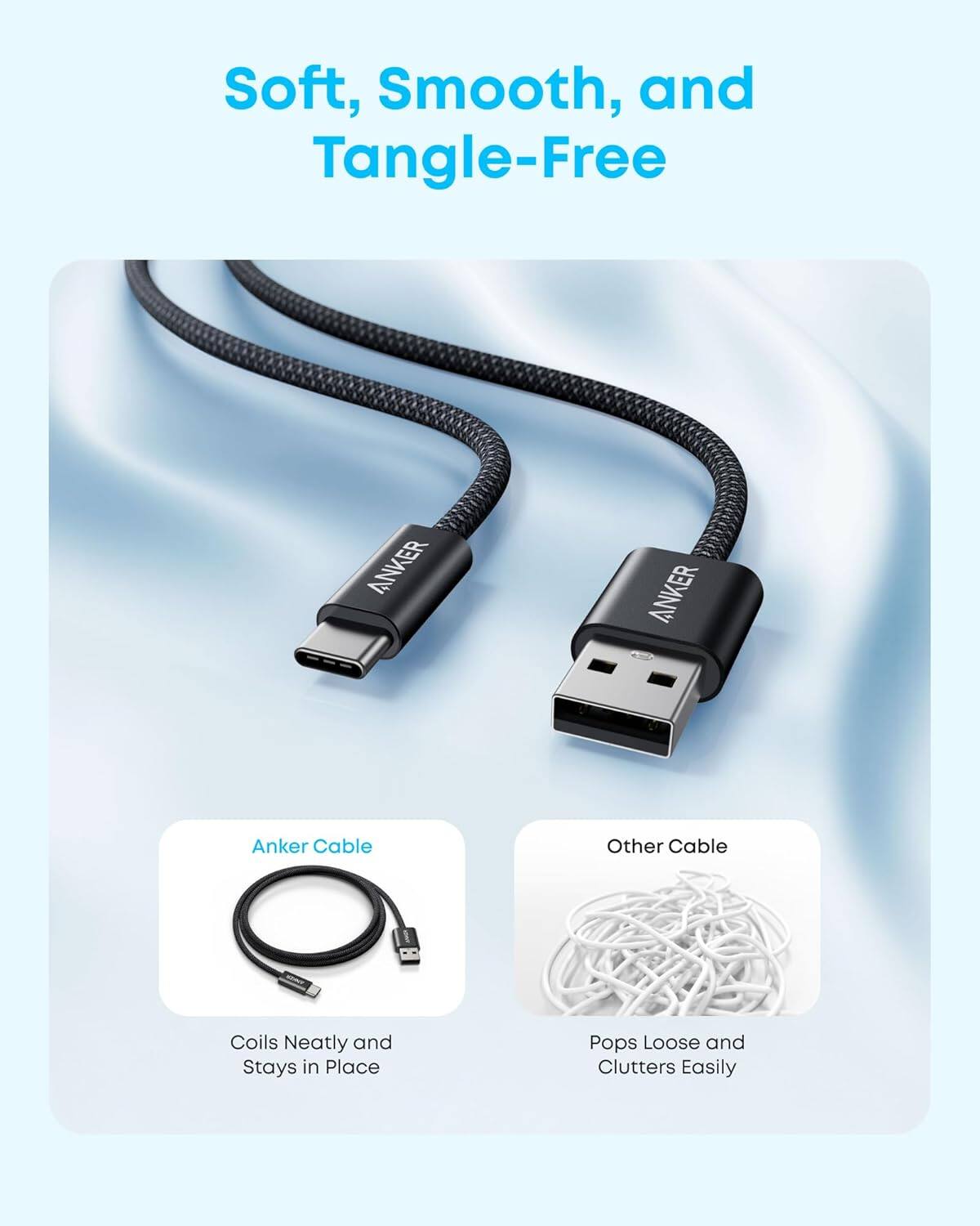 Soft, Smooth, and Tangle-Free

Anker Cable
Coils Neatly and Stays in Place

Other Cable
Pops Loose and Clutters Easily