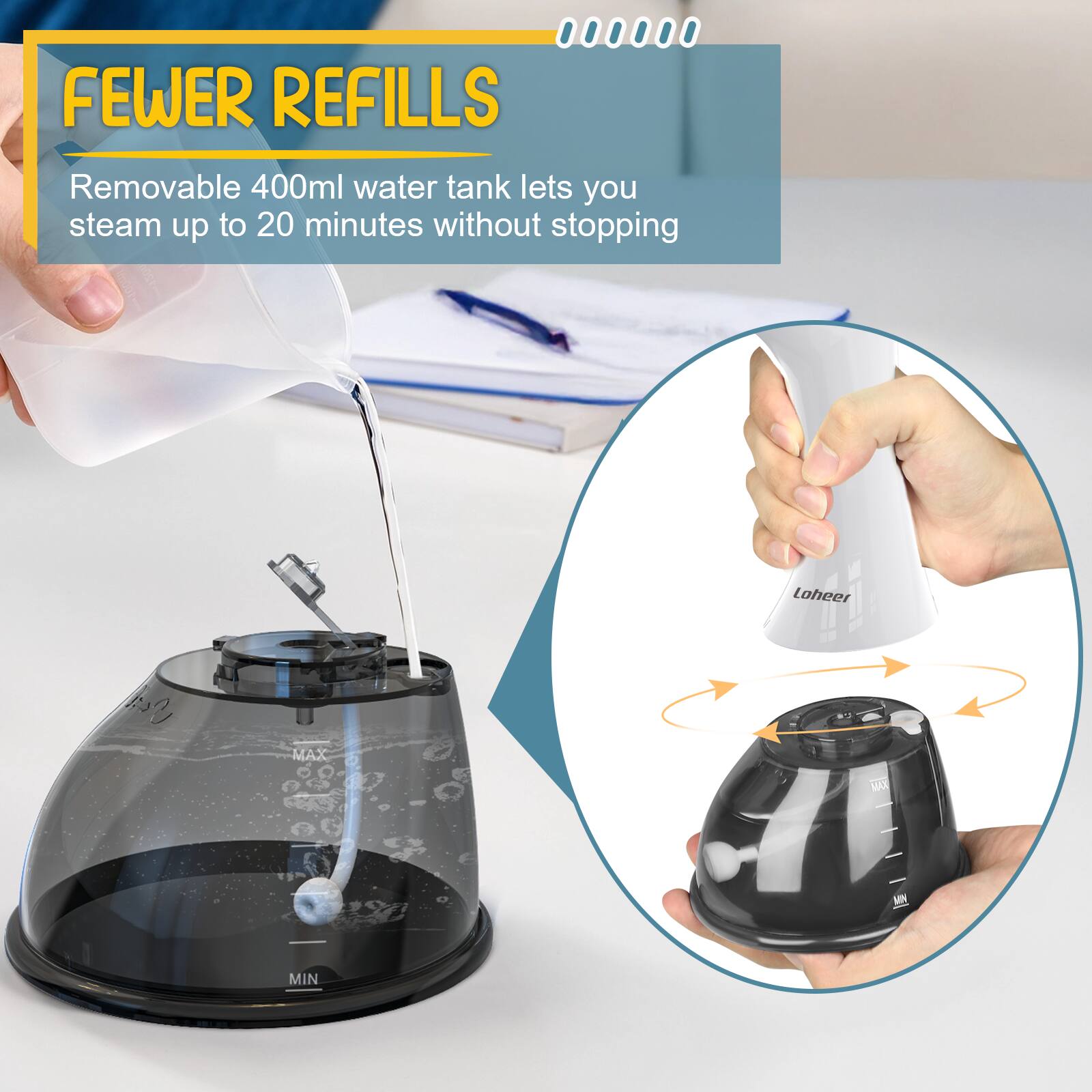 FEWER REFILLS  
Removable 400ml water tank lets you steam up to 20 minutes without stopping