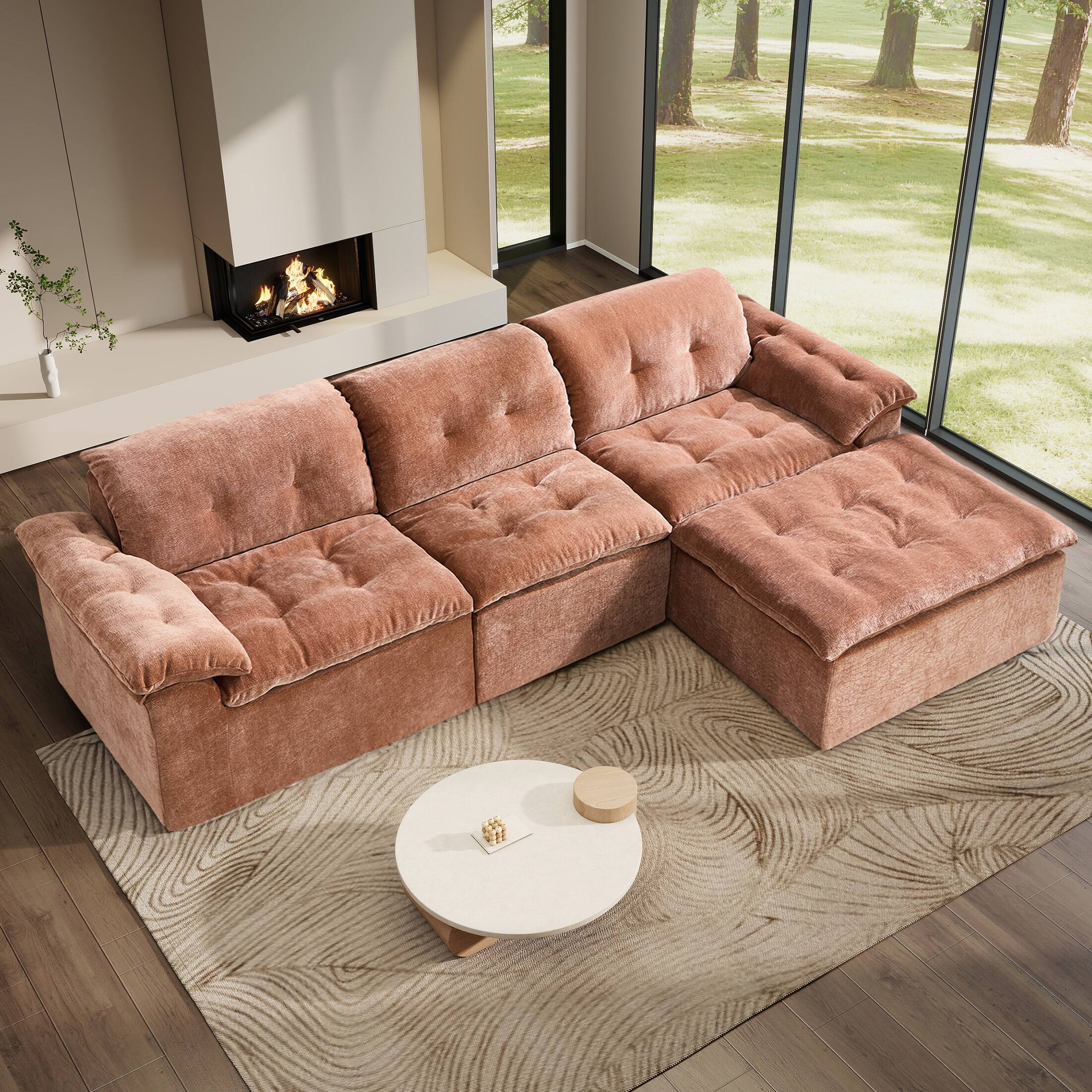 Angle. Anysun - Anysun L-Shaped Modular Chenille Cushioned Extreme Comfort Sofa with Detachable Backrest and Armrests, Removable Ottoman - Orange.
