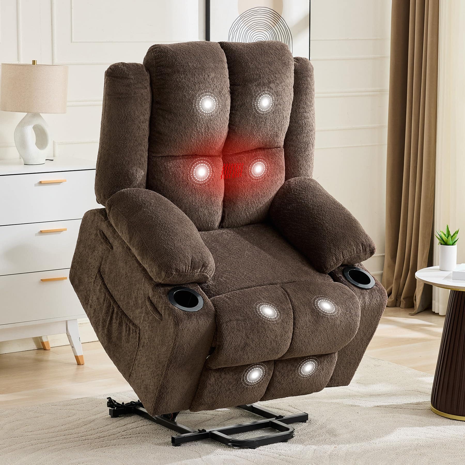 Babevy - Power Lift Recliner Chair for Elderly with Massage & Heat, 155° Adjustable Lay Flat, Lift Chair with Cup Holders - Brown Teddy