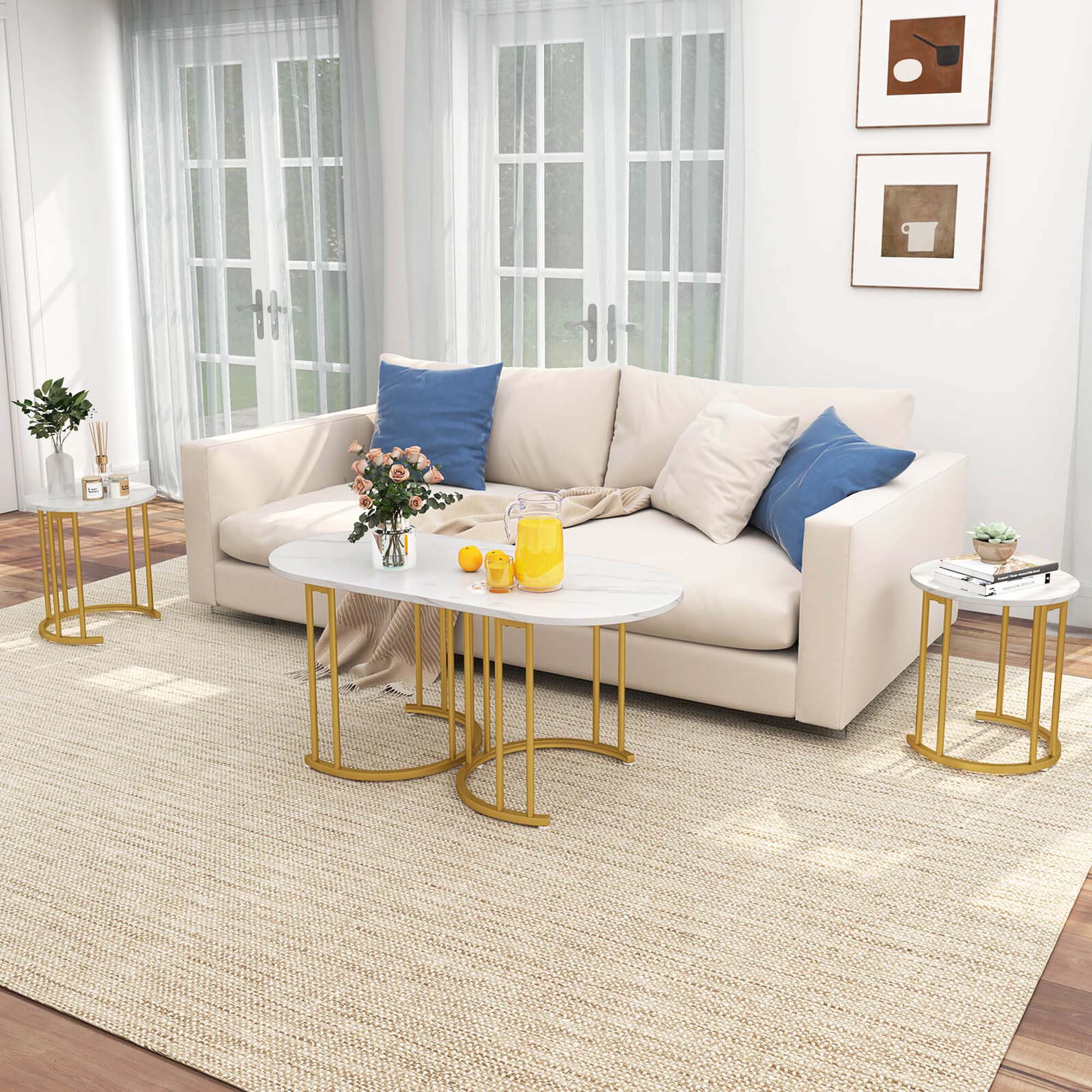 Alt View 1. Costway - Nesting Coffee Table Set of 3 with Faux Marble Tabletop & Powder-coated Office - White.
