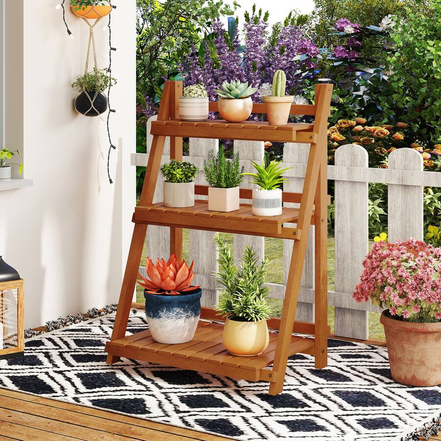 Gymax 3 Tier Wood Plant Stand Folding Flower Rack w/Ladder Design Anti ...