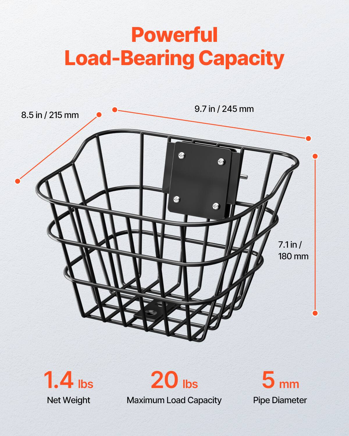 Powerful Load-Bearing Capacity

- 8.5 in / 215 mm
- 9.7 in / 245 mm
- 7.1 in / 180 mm

1.4 lbs  
Net Weight

20 lbs  
Maximum Load Capacity

5 mm  
Pipe Diameter
