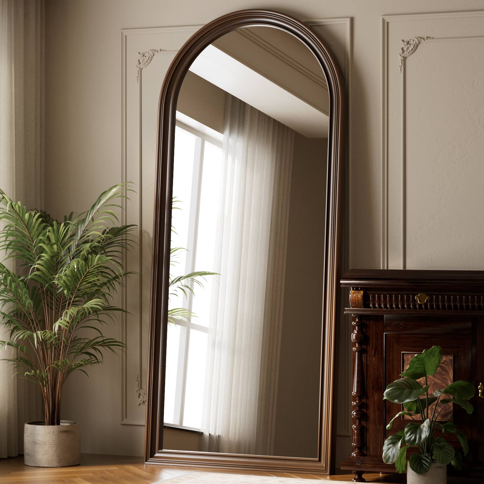 Back. Easly - Antique Bronze 32 in. W x 71 in. H Arched PU Frame Full Length Mirror Floor Mirror - Antique Bronze.