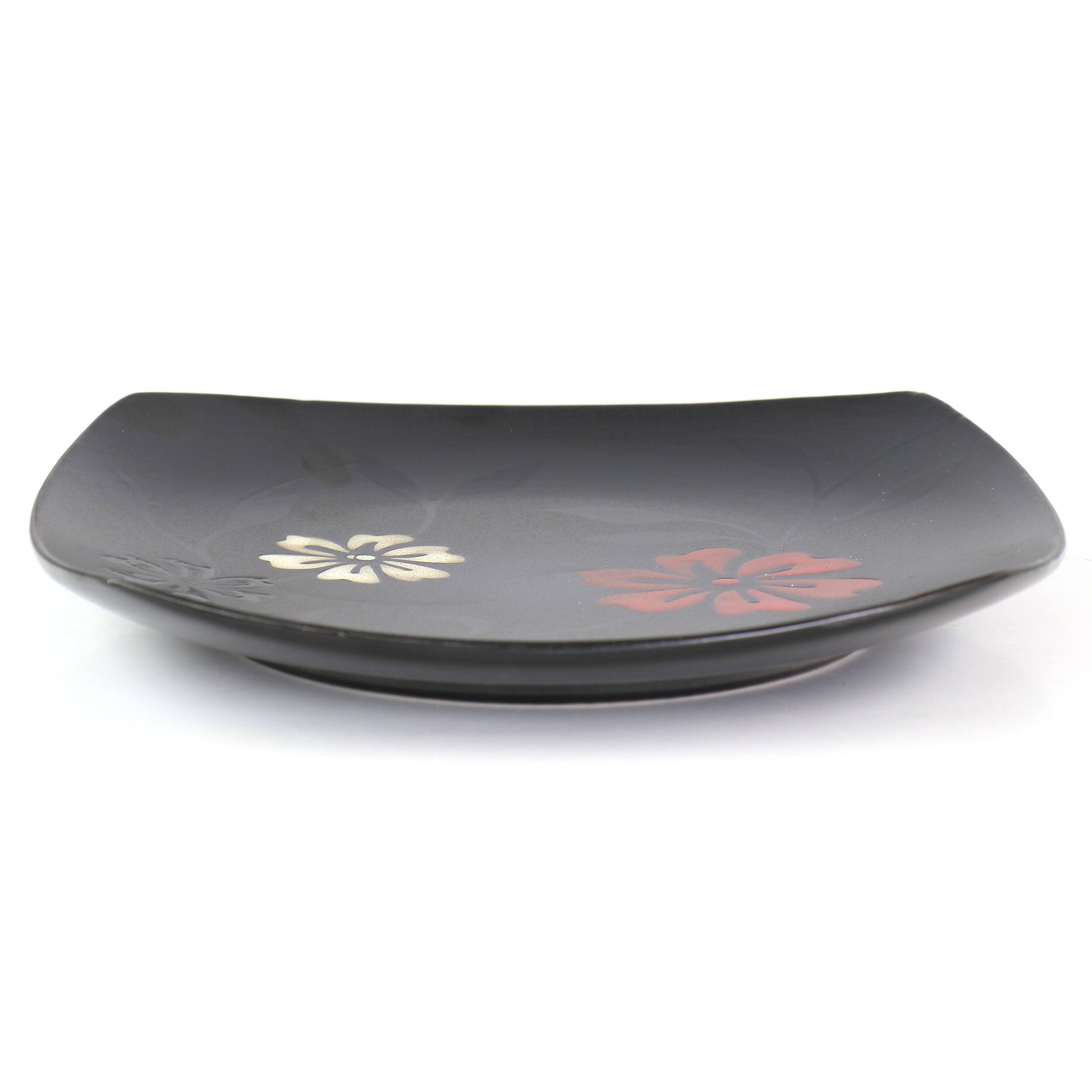 Alt View 2. Gibson - Hometrends Evening Blossom 4 Piece 8 Inch Square Stoneware Salad Plate Set in Black - Black.
